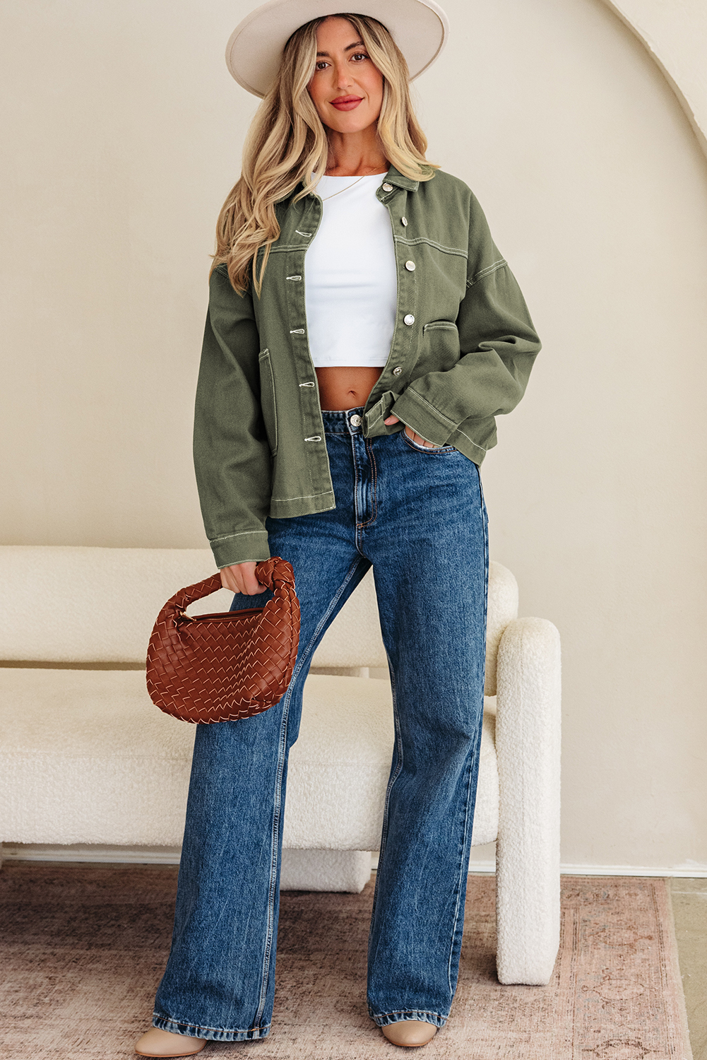 Smoke Green Patched Pocket Collared Button Front Boyfriend Denim Jacket - loveforevers