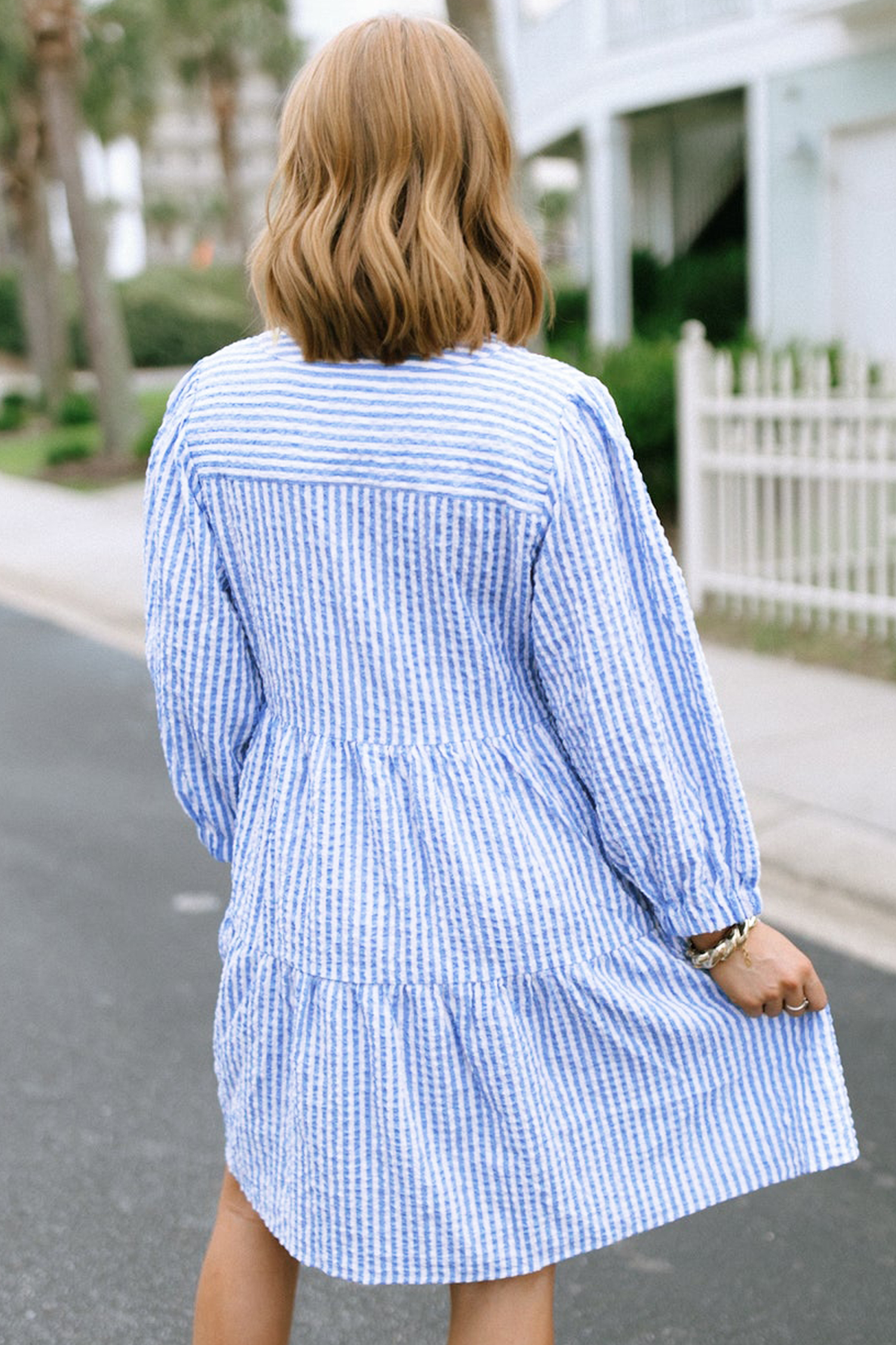 Sky Blue Stripe Seersucker Textured Notched Neck Long Puff Sleeve Tiered Curvy Dress - loveforevers