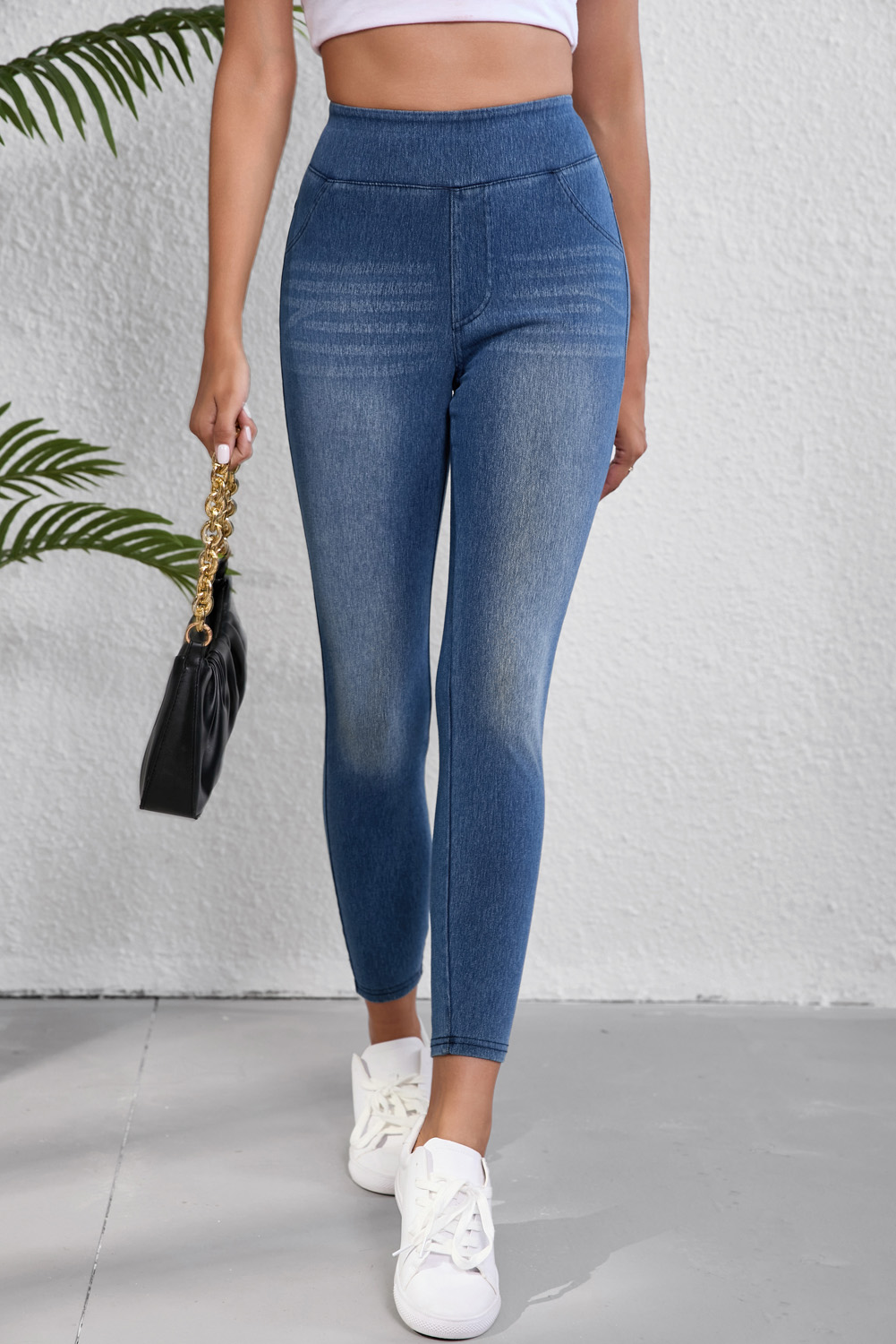 Navy Blue Skinny Elastic Waist Ankle Length Mid Waist Jeggings with Pockets - loveforevers