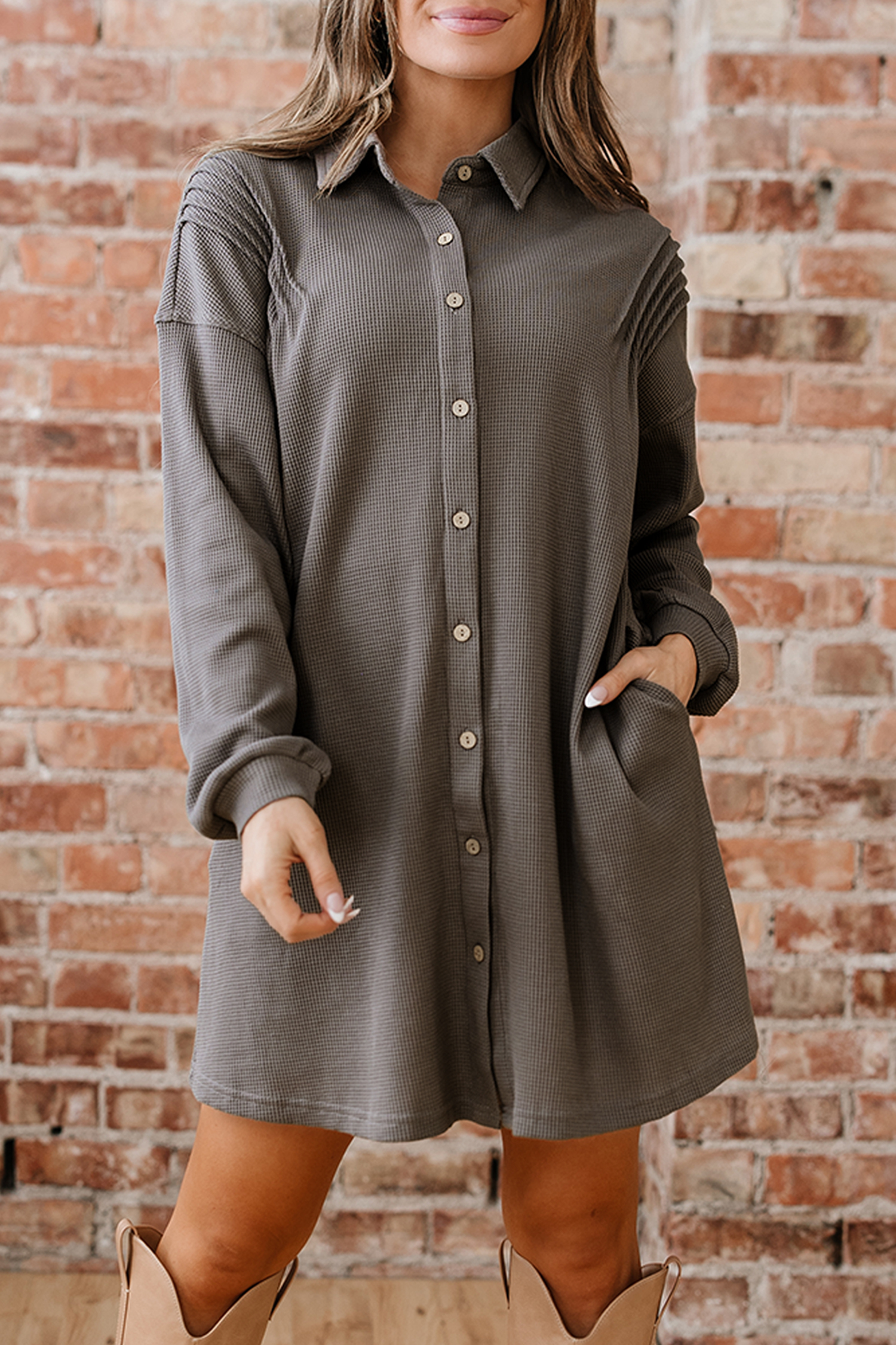 Simply Taupe Waffle Knit Shirt Tunic Dress - loveforevers