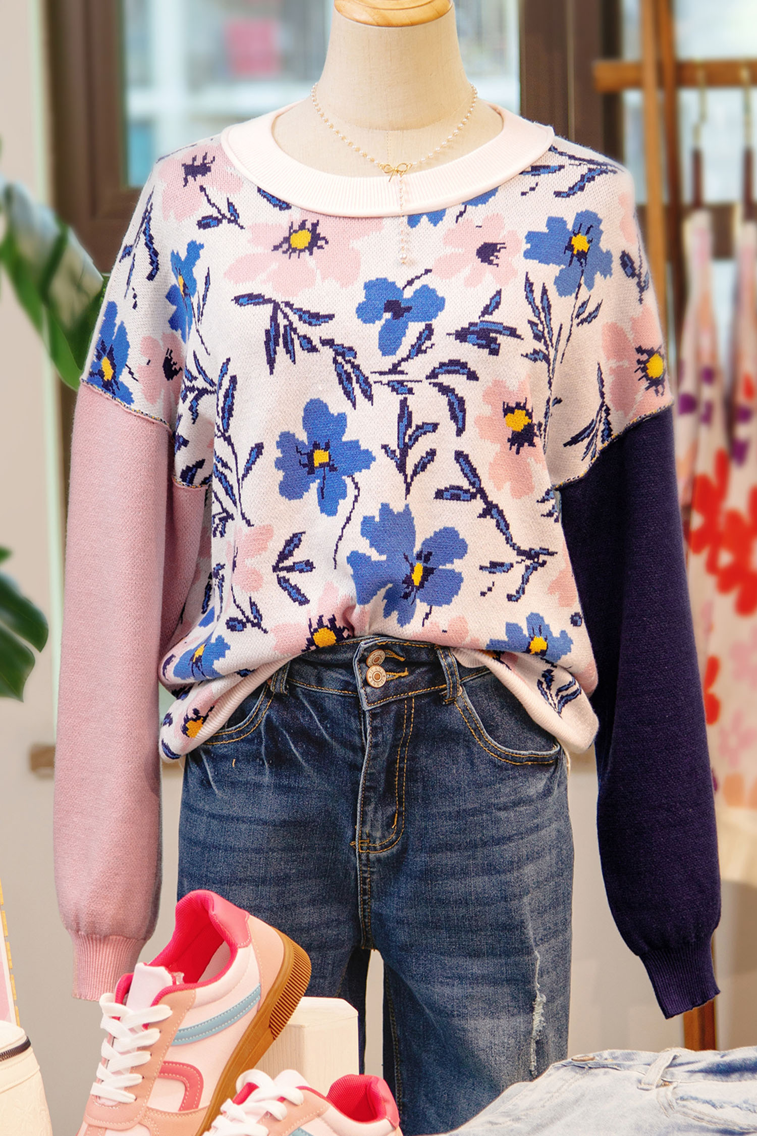 Khaki Floral Panel Colorblock Sleeve Patchwork Sweater - loveforevers