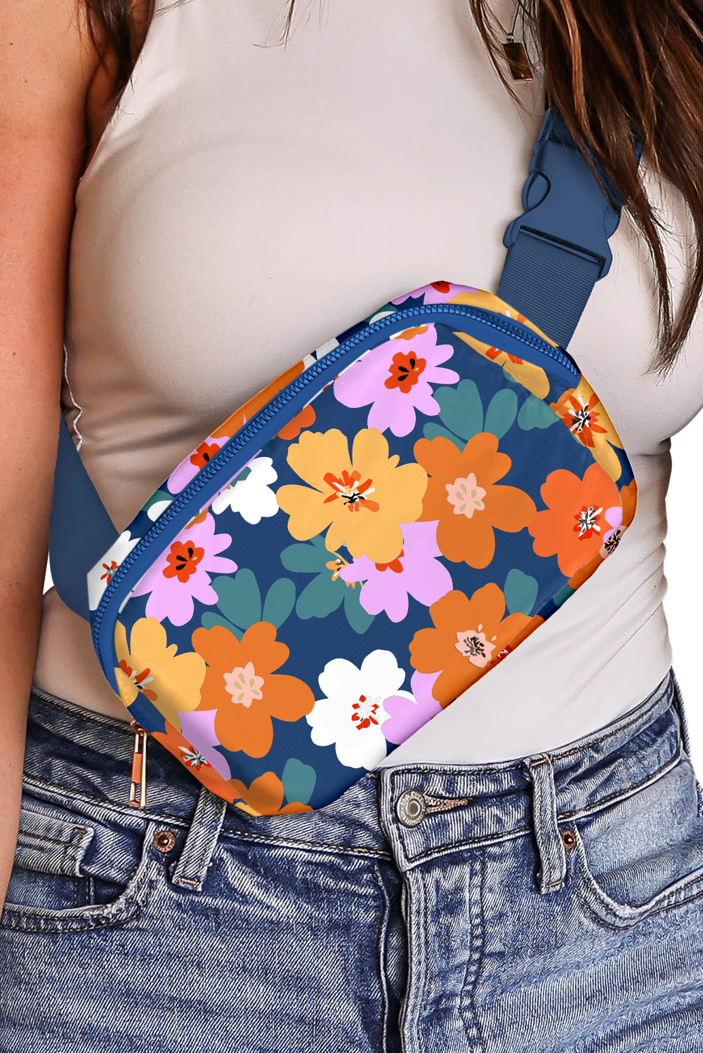Sail Blue Flower Print Zipper Buckle Wide Strap Sling Bag - loveforevers
