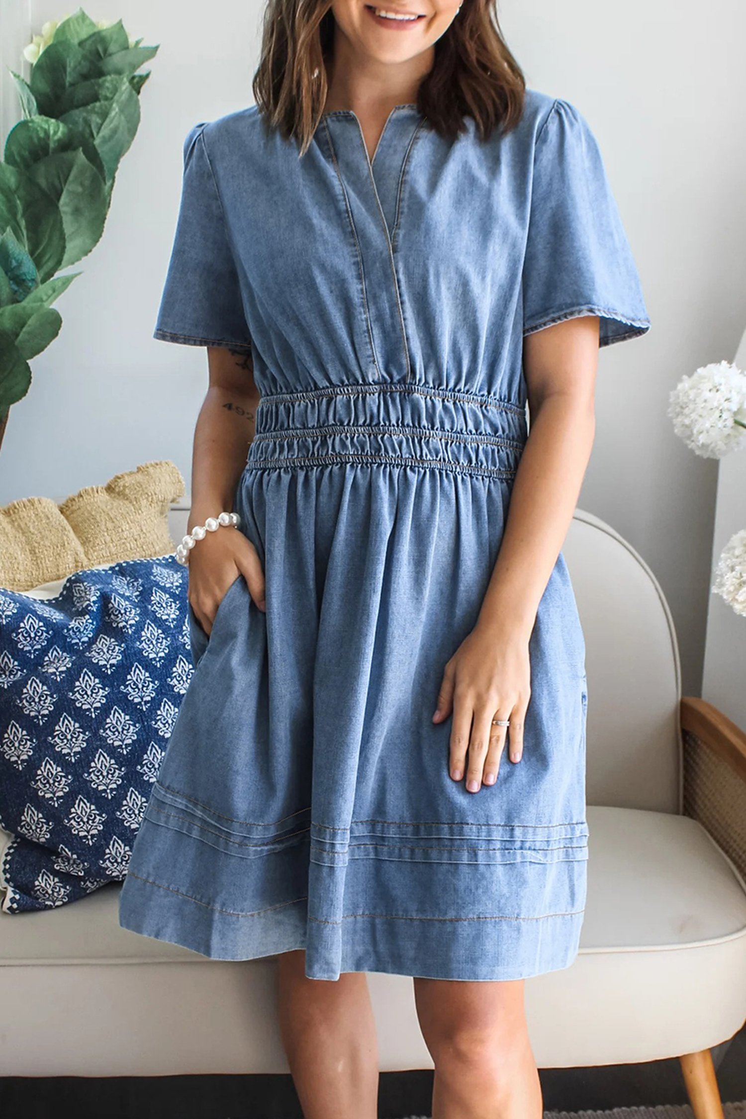 Myosotis Elastic Waist Short Sleeve Denim Mini Dress - loveforevers