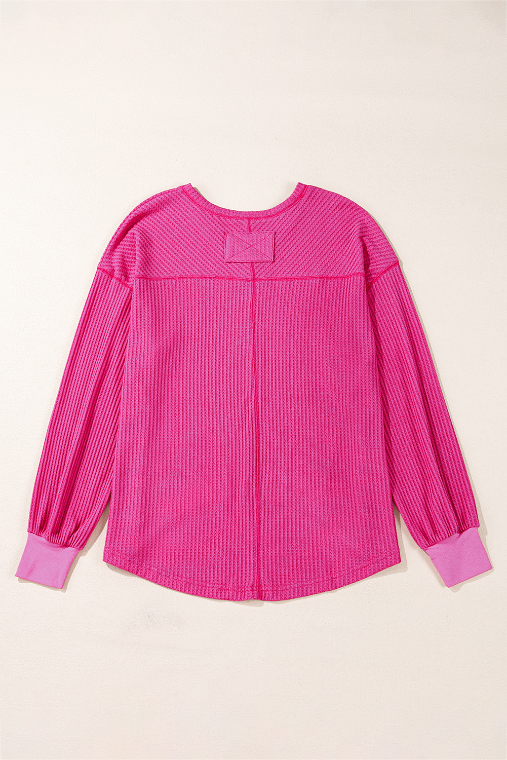 Light Pink Waffle V Neck Long Sleeve Drop Shoulder Loose Blouse - loveforevers