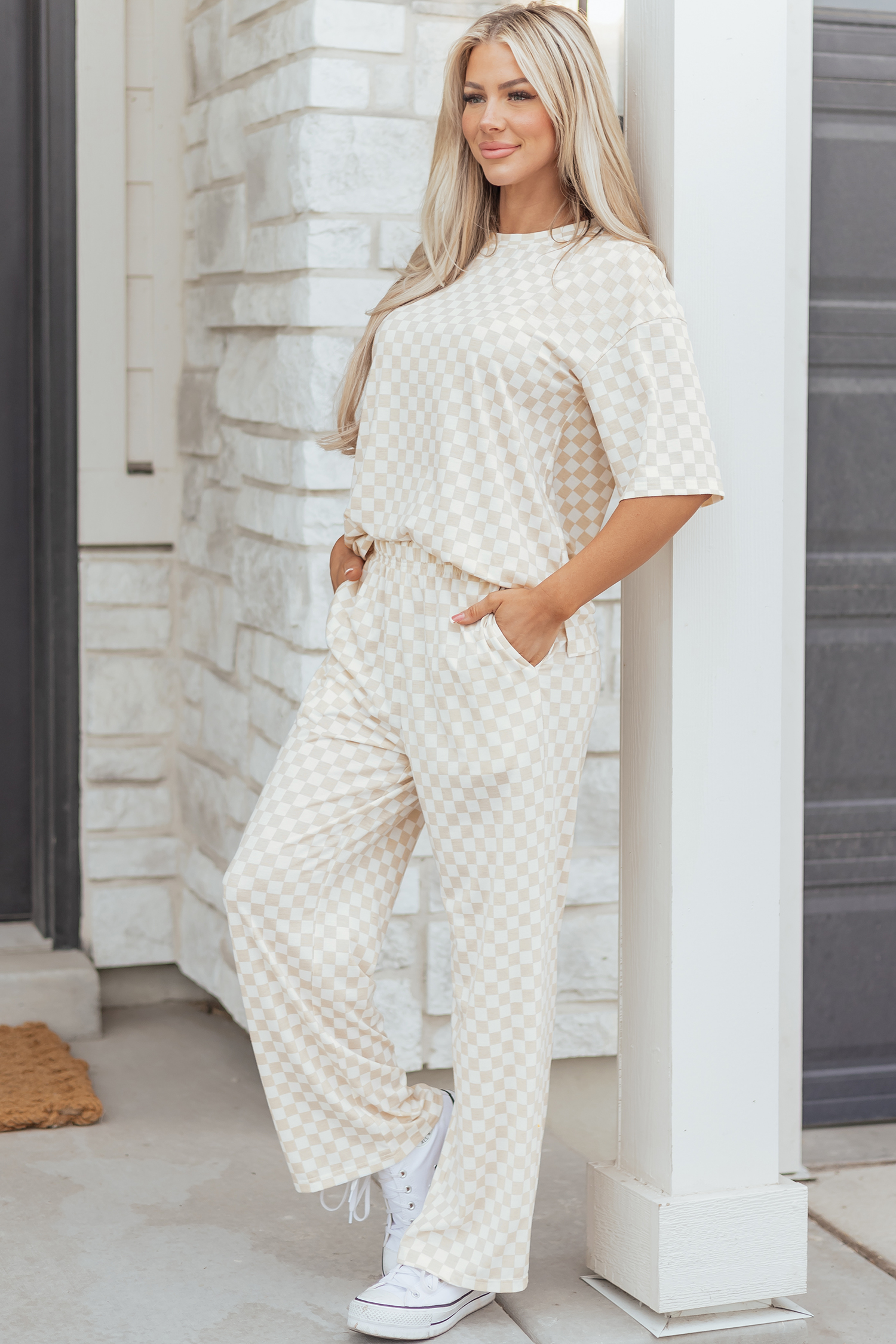 Khaki Checkered Print Half Sleeve Tee 2pcs Lounge Pant Set - loveforevers