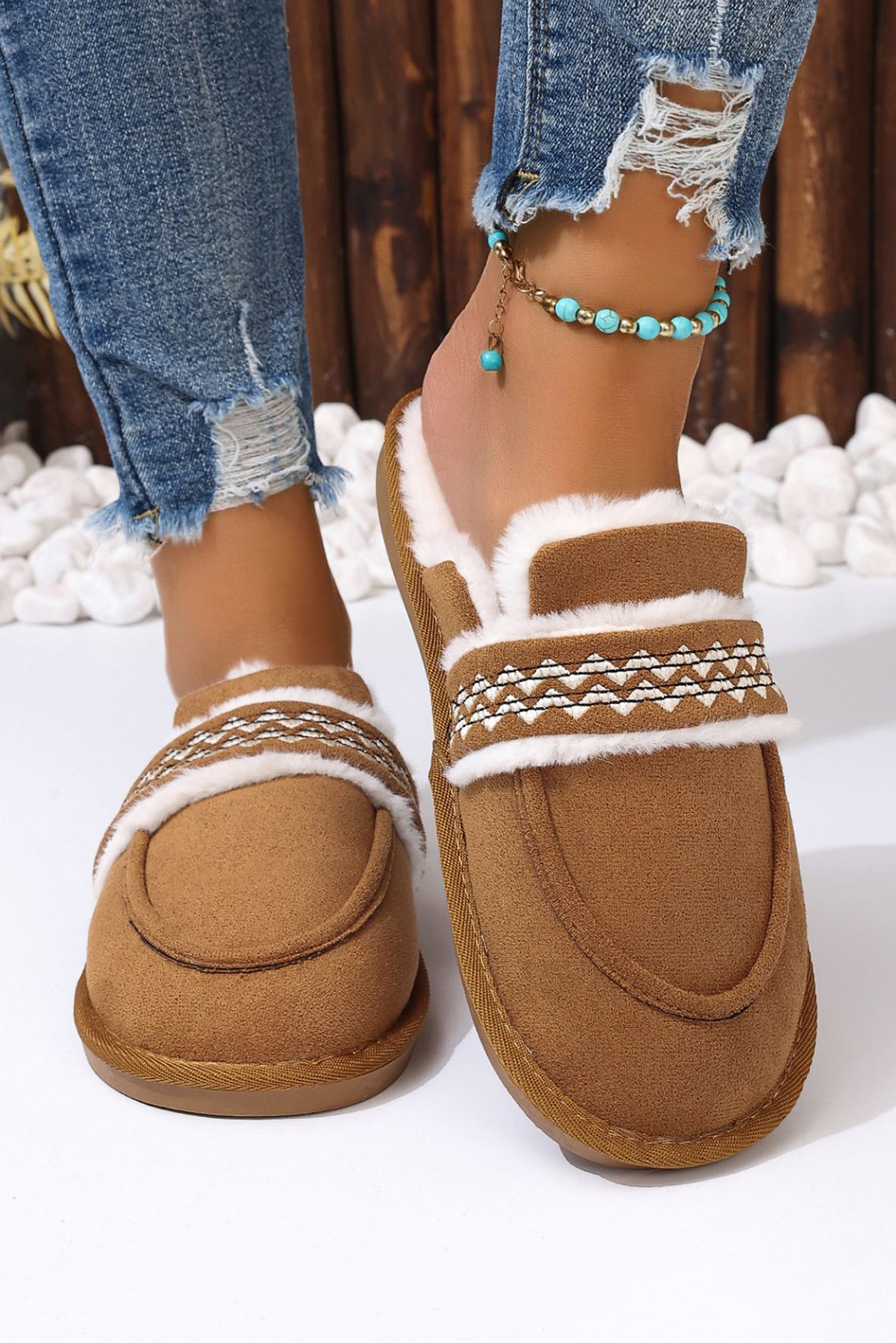 Chestnut Suede Wavy Striped Plush Lined Slippers (Run Small, Size Up) - loveforevers