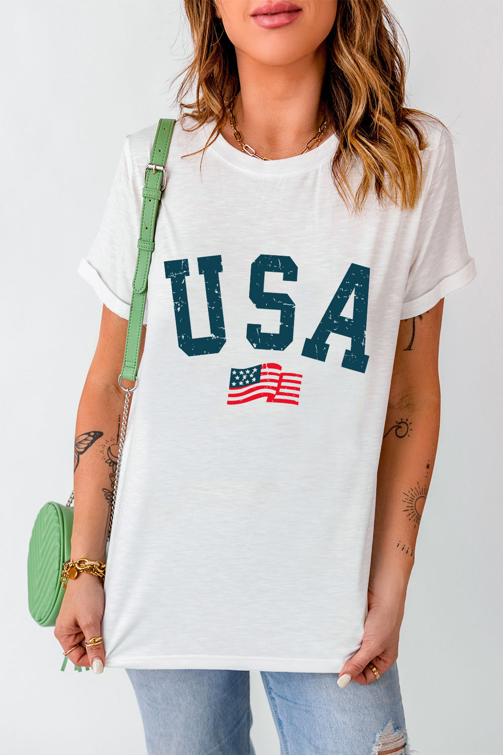 Gray Blooming USA Flag Print Casual T Shirt - loveforevers