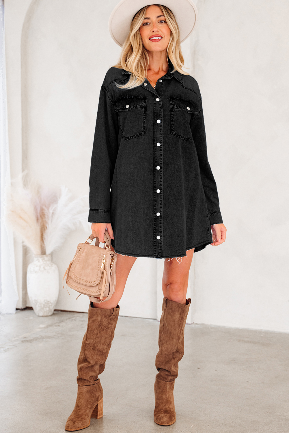 Blue Beau Chest Pocket Raw Hem Denim Loose Shirt Dress - loveforevers