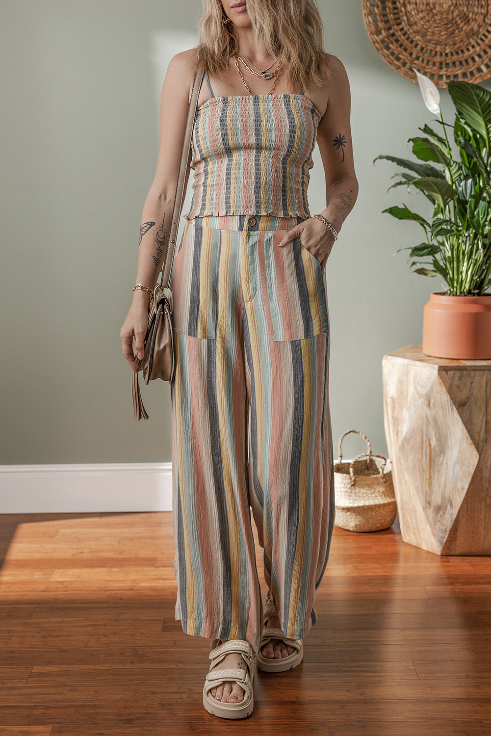 Multicolour Vertical Striped Smocked Cami Top Wide Leg Pants Set - loveforevers