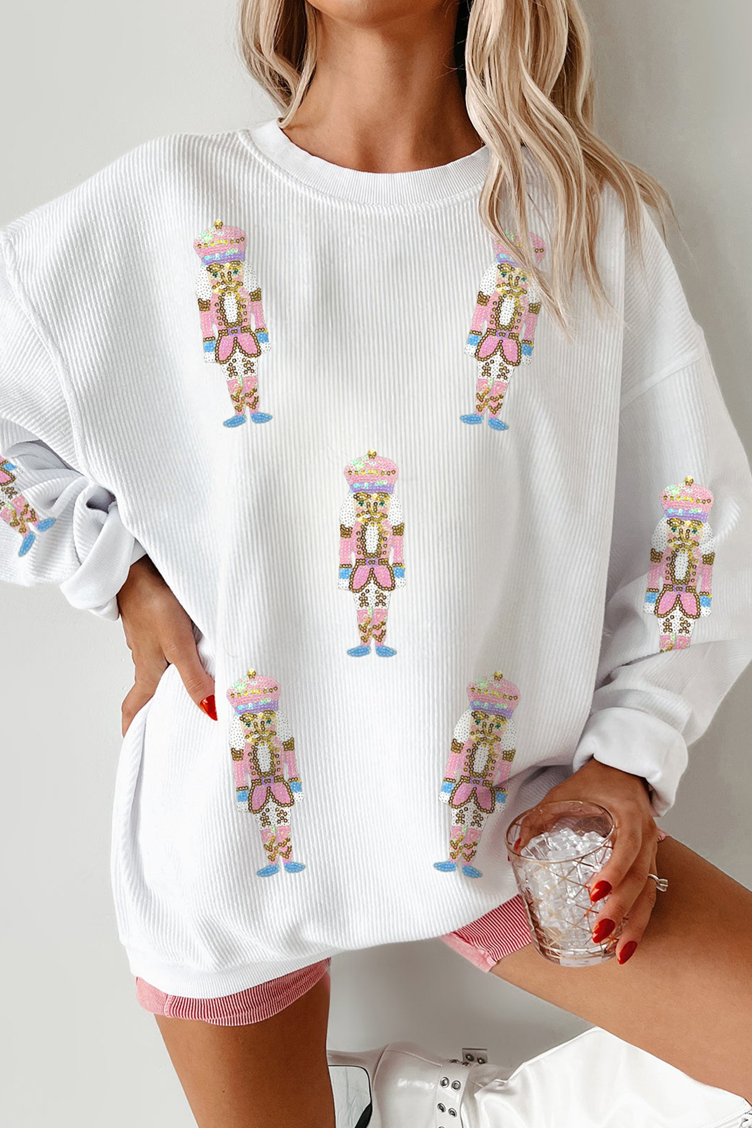 White Corded Rib Sequin Patched Nutcracker Graphic Drop Shoulder Sweatshirt - loveforevers