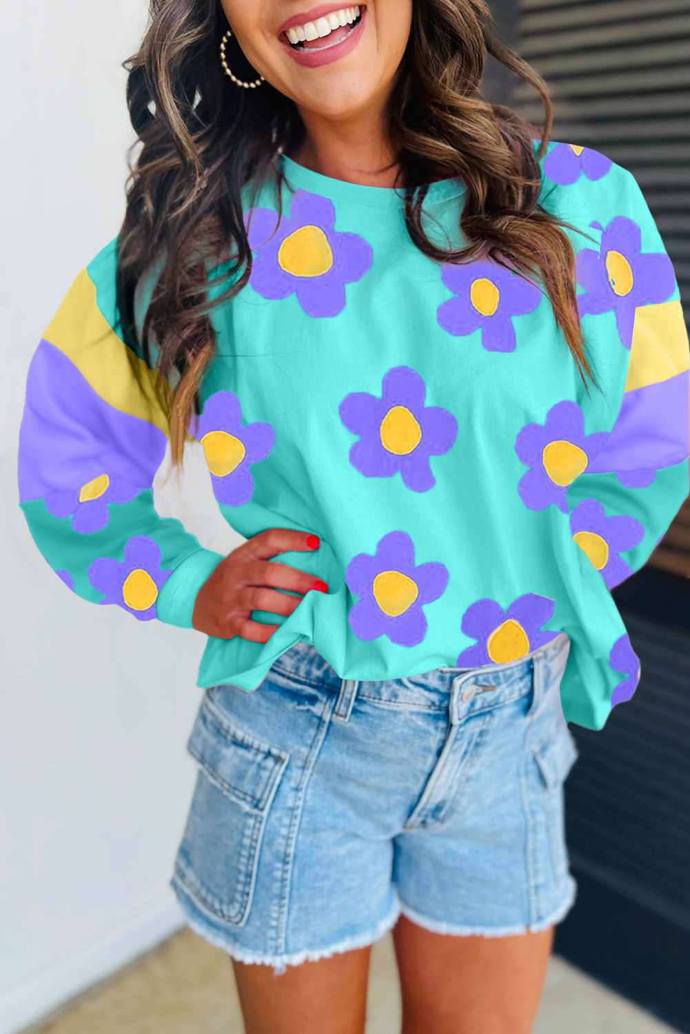 Sky Blue Floral Color Block Long Sleeve Loose Top - loveforevers