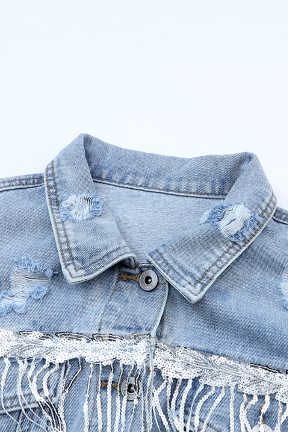 Sky Blue Sequin Embellished Fringe Distressed Denim Jacket - loveforevers