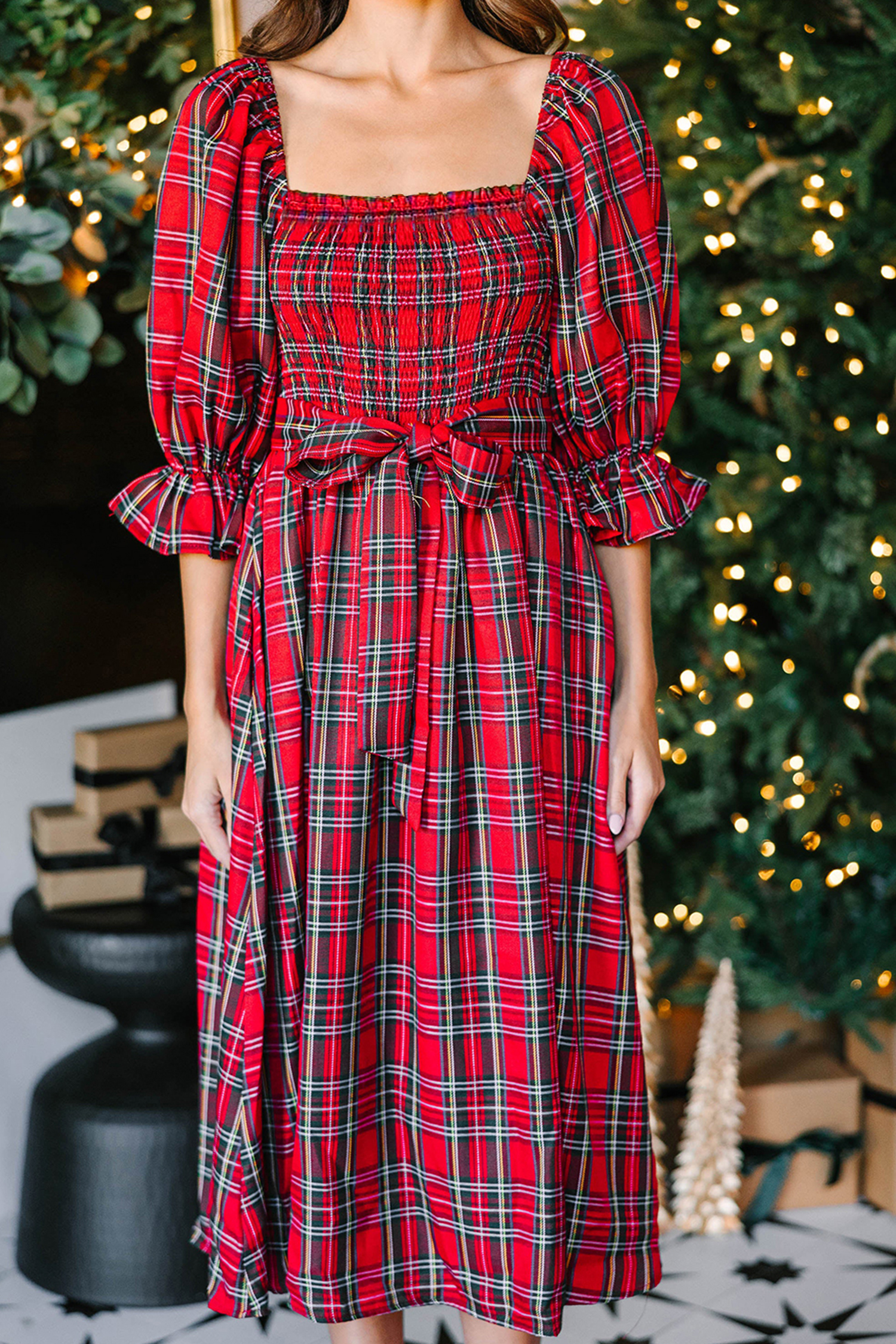 Red Tartan Plaid Square Neck Puff Sleeve Knot Waist Flared Midi Dress - loveforevers