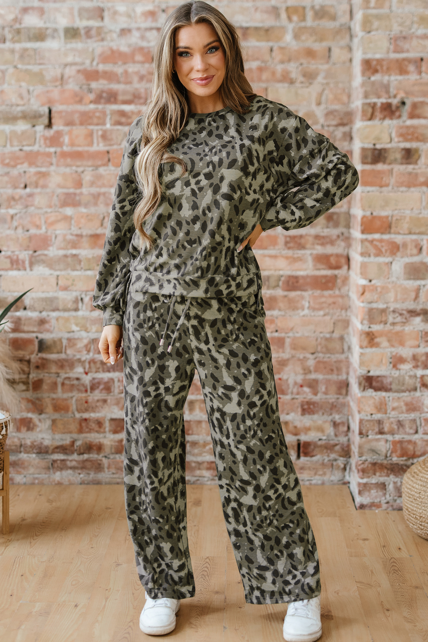 Brown Leopard Loose Tee Drawstring Waist Barrel Pants Set - loveforevers