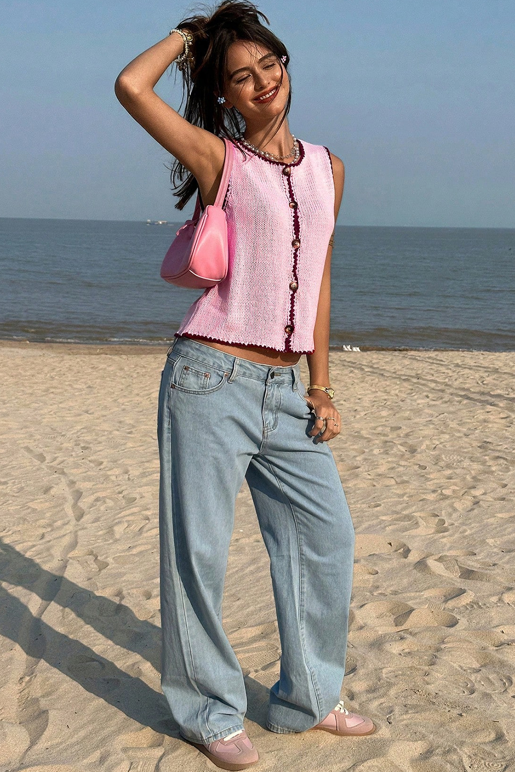 Pink Contrast Trim Buttoned Front Sweater Vest - loveforevers
