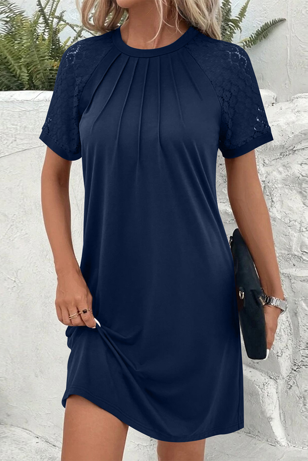 Navy Blue Contrast Lace Raglan Sleeve Pleated Detail Shift Dress - loveforevers