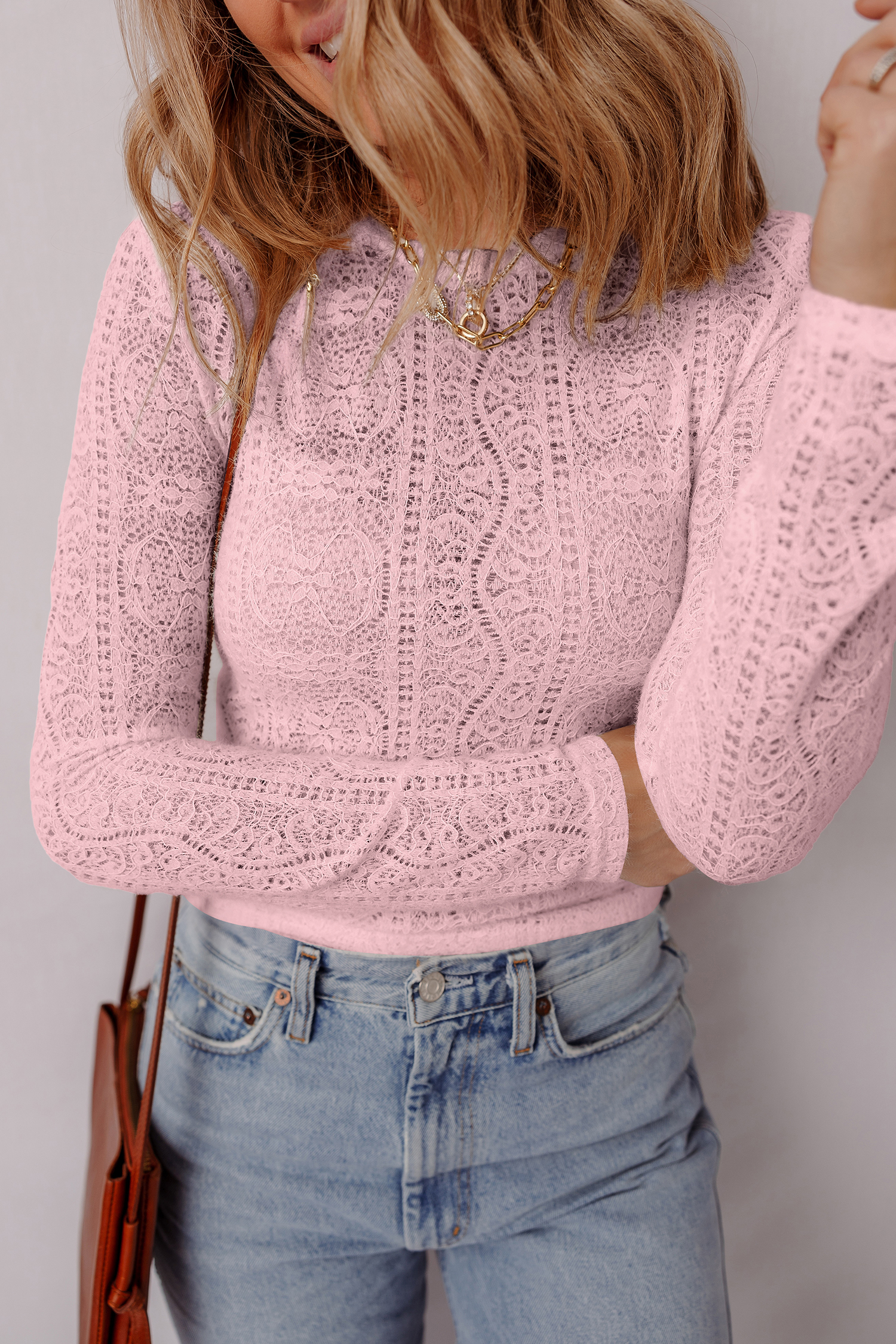 Light Pink Semi Sheer Lace Long Sleeve Cropped Top - loveforevers