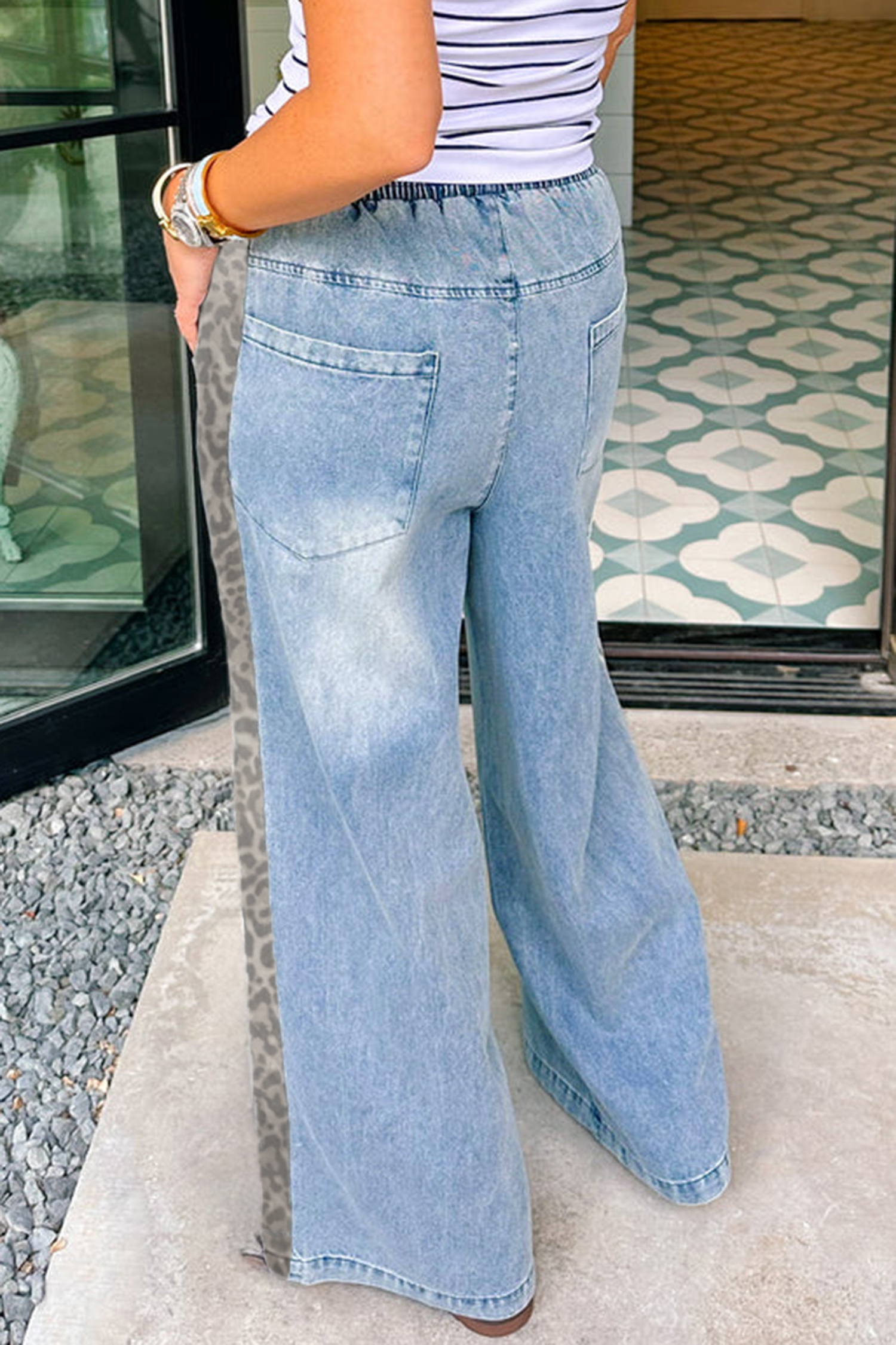 Beau Blue Drawstring Elastic Waist Leopard Striped Side Panel Wide Leg Jeans - loveforevers