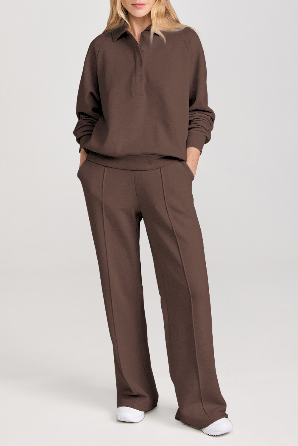 Dark Brown Solid Collared Sweatshirt and High Waist Pants Active Set - loveforevers