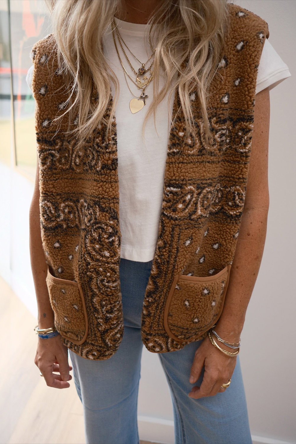 Brown Sherpa Paisley Print Pocketed Western Fashion Vest Jacket - loveforevers