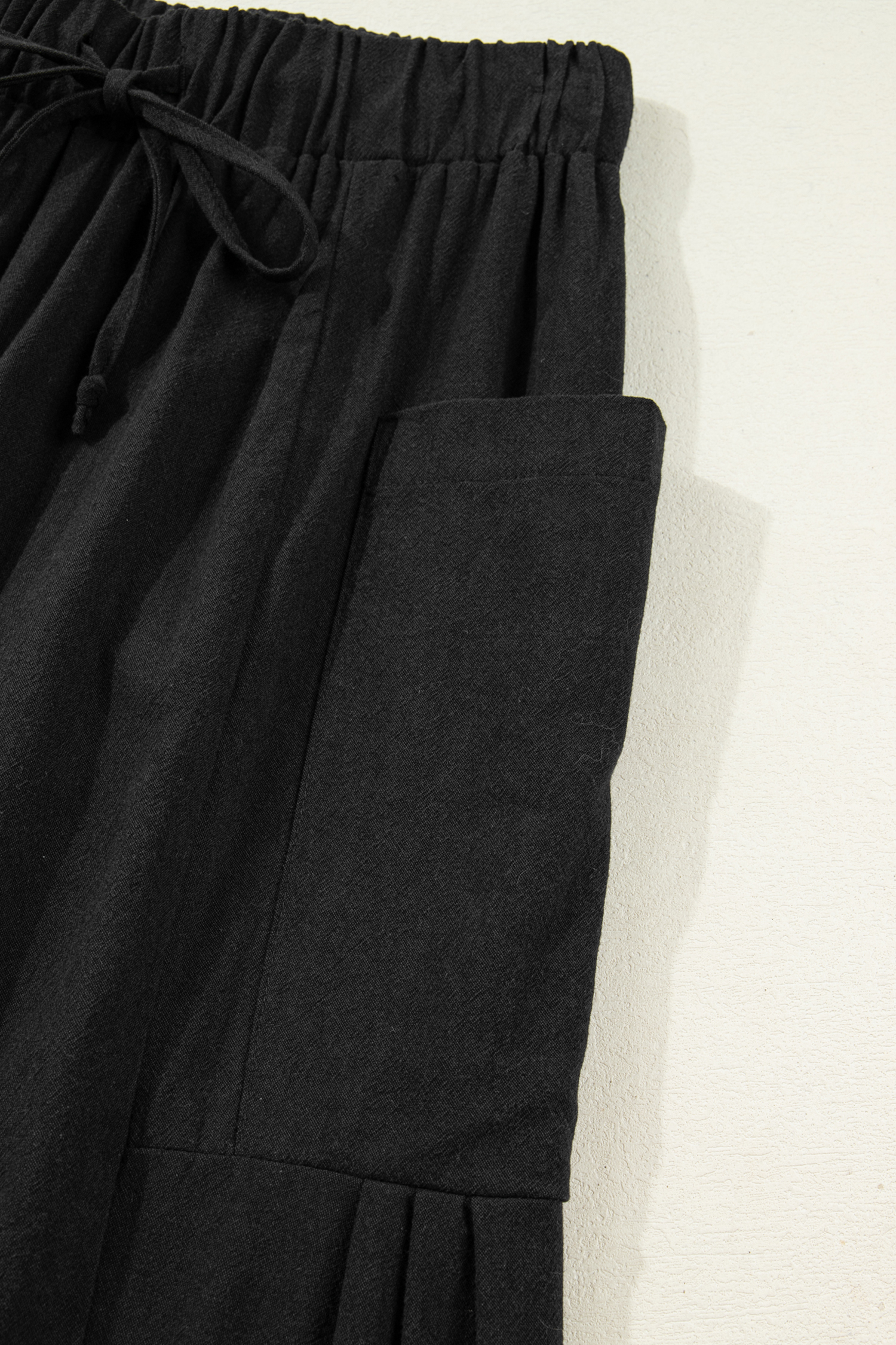 Black Drawstring Elastic Waist Patch Pocket Barrel Leg Casual Pants - loveforevers