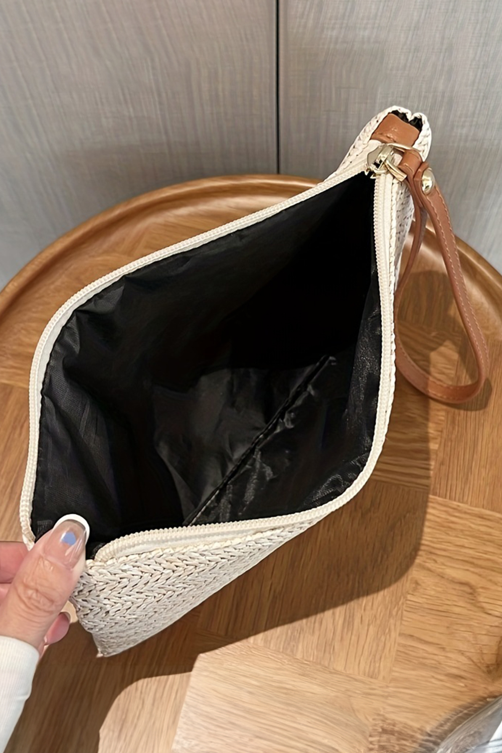 Oatmeal Straw Woven Wrist Strap Zipper Large Wallet - loveforevers