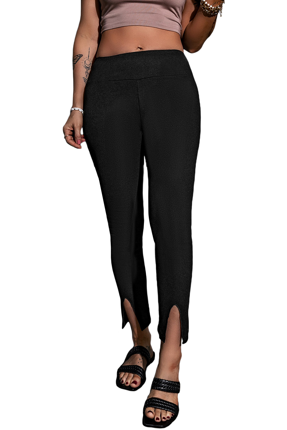 Black Rib Knit High Waist Slit Leggings - loveforevers