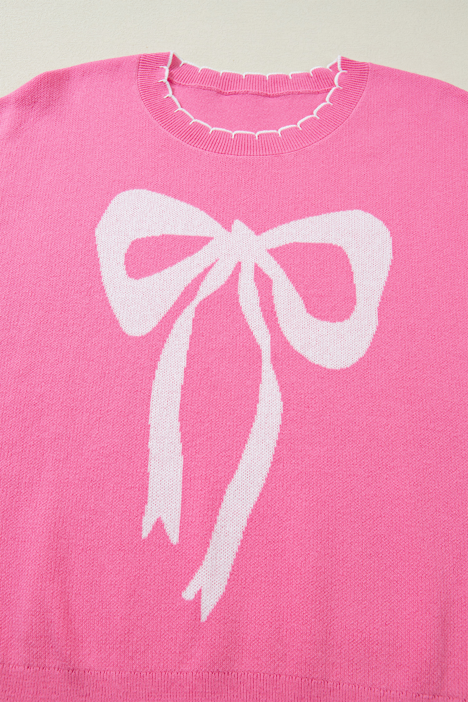 Sachet Pink Big Ribbon Bow Print Contrast Stitch Trim Drop Shoulder Sweater - loveforevers
