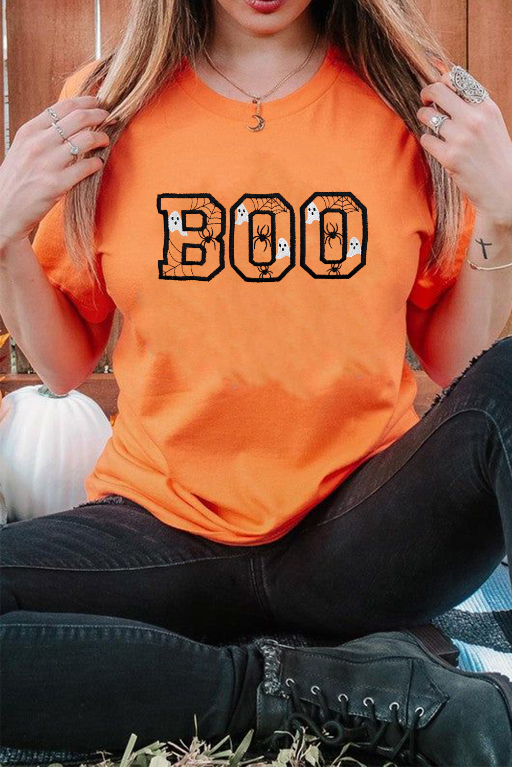 Orange BOO Halloween Ghost Spider Embroidered Graphic Tee - loveforevers
