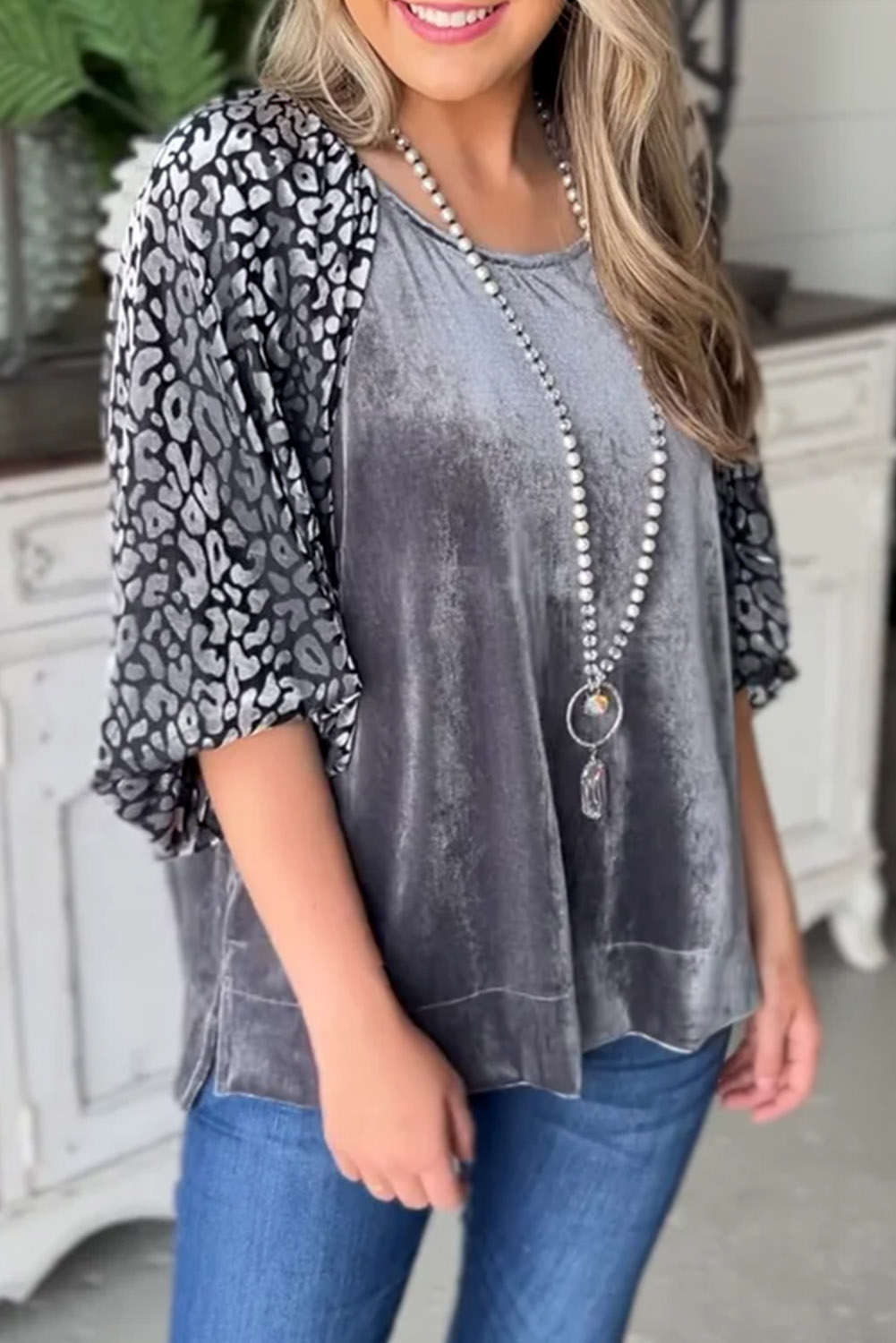 Medium Grey Leopard Splicing Lantern Sleeve Velvet Blouse - loveforevers