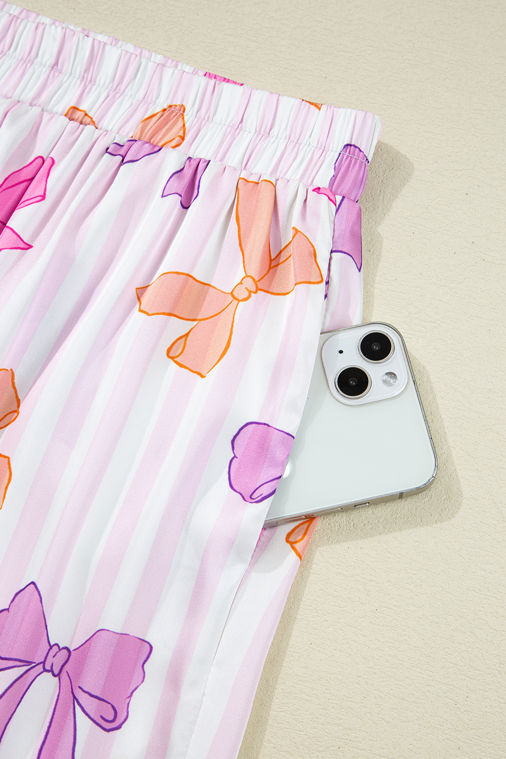 Pink Striped Bow Print Contrast Piping Trim Shirt and Pants 2pcs Pajama Set - loveforevers