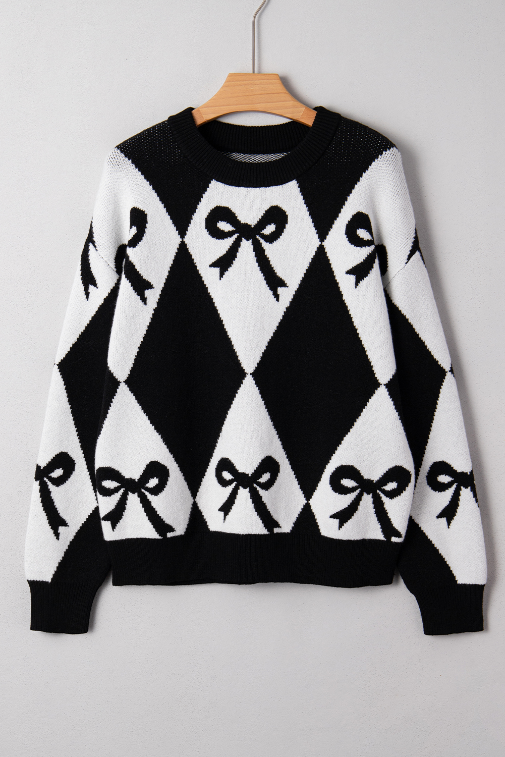Black Bow Print 2-tone Rhombus Knit Loose Sweater - loveforevers