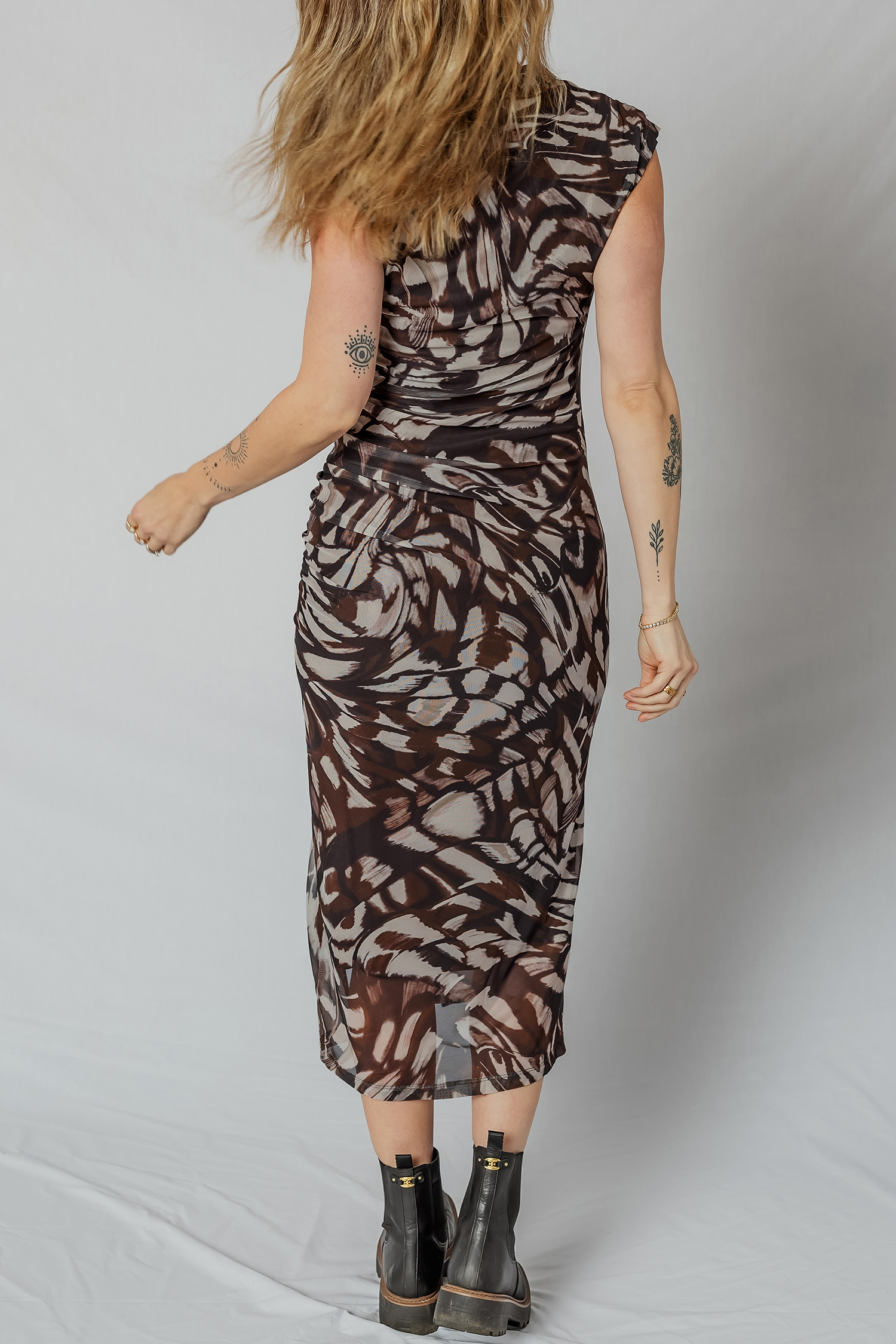 Brown Abstract Print Mesh Cowl Neck Cap Sleeve Ruched Midi Dress with Slit - loveforevers
