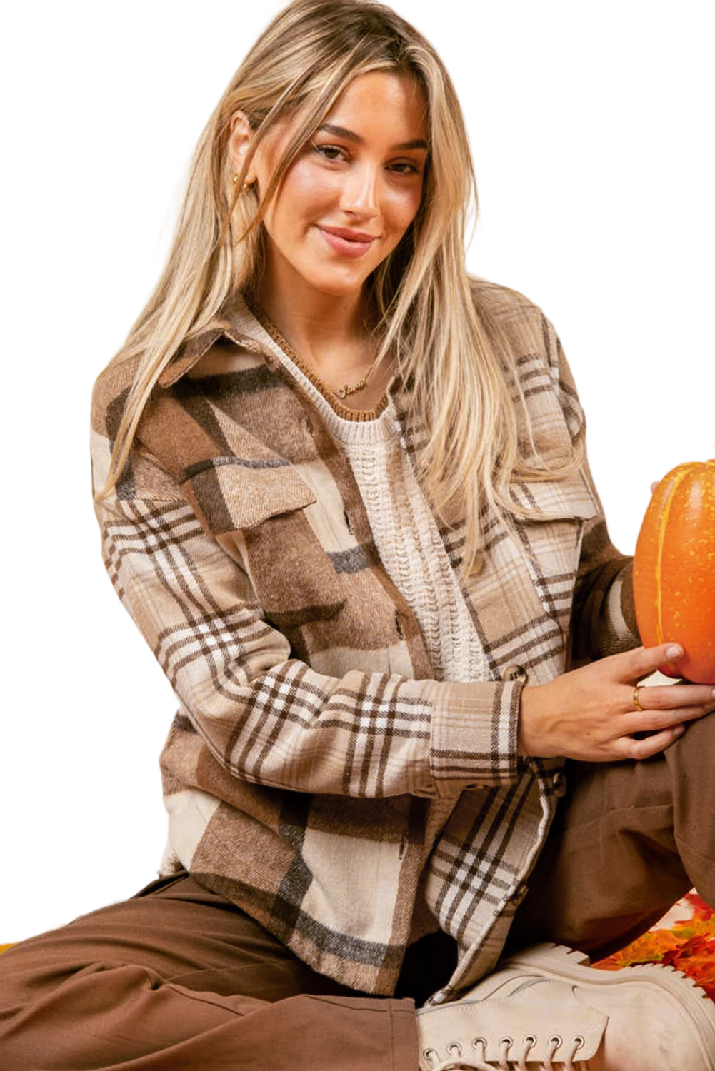 Light French Beige Flannel Plaid Double Flap Pocket Shacket - loveforevers