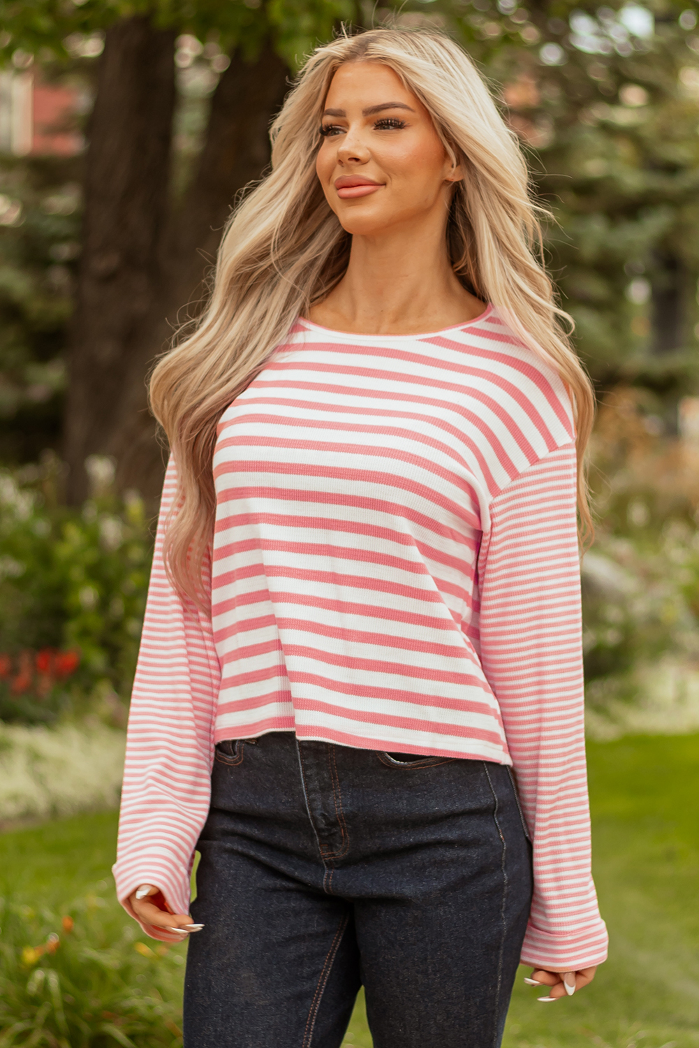 Pink Stripe Textured Contrast Dropped Long Sleeve Top - loveforevers