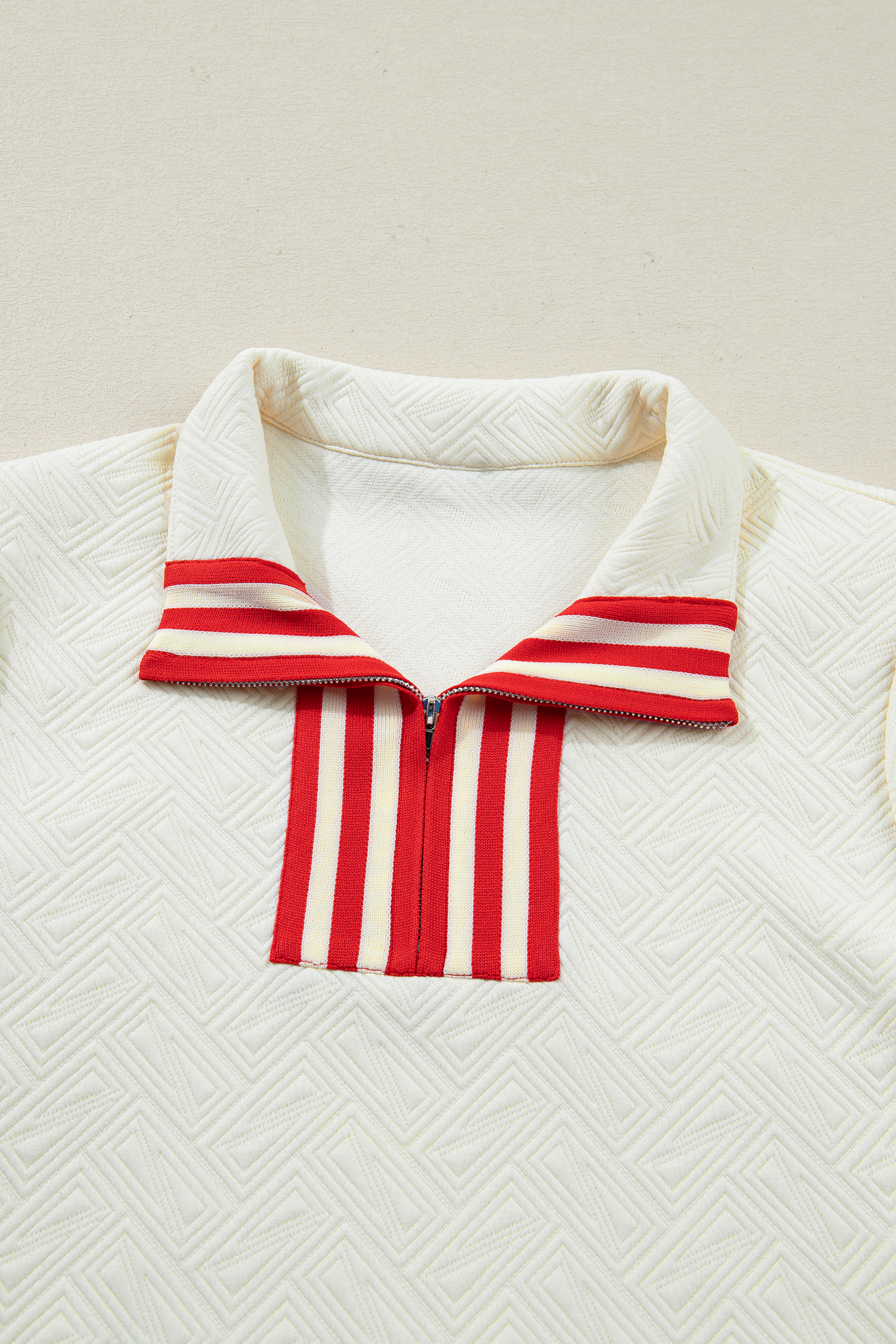 White Textured Knit Contrast Striped Accent Zipped Collar Pullover Top - loveforevers