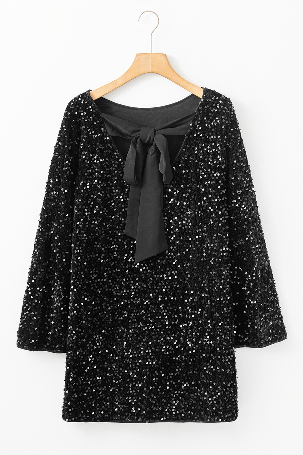 Black Sequin Long Sleeve Knot Cutout Back Mini Dress - loveforevers