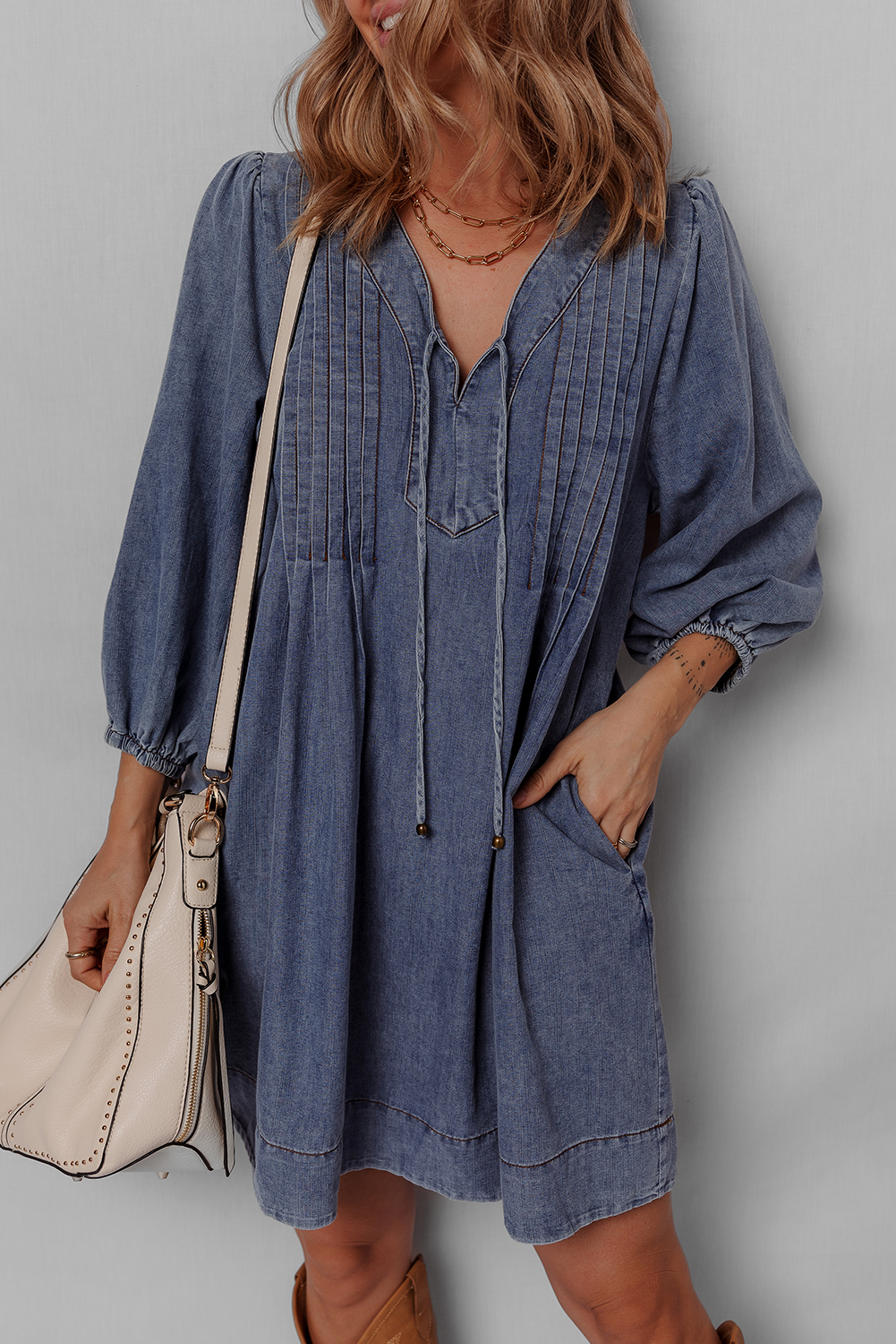 Sail Blue 3/4 Sleeve Tied V Neck Pleated Denim Mini Dress - loveforevers