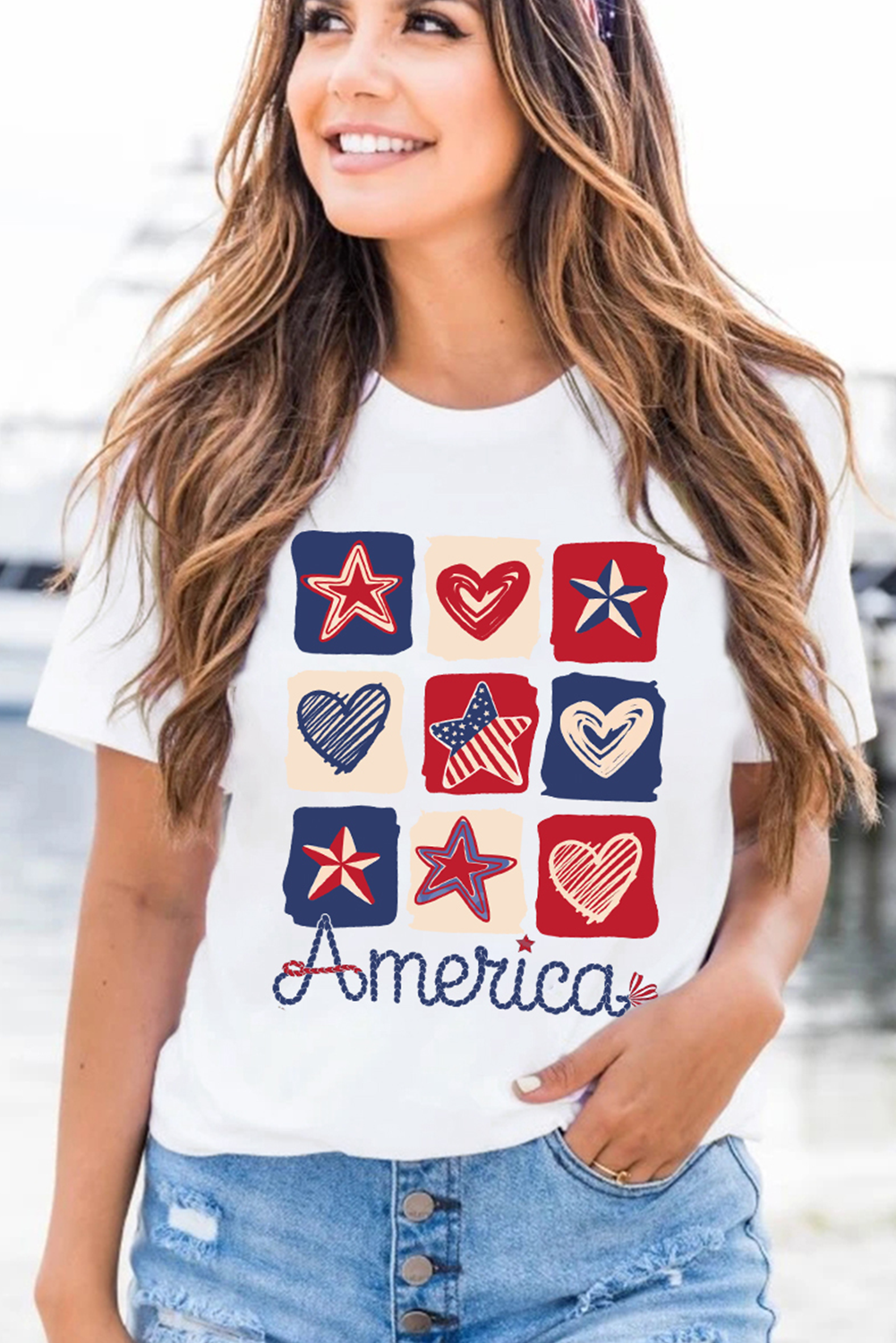White American Heart Star Checkered Graphic Tee - loveforevers