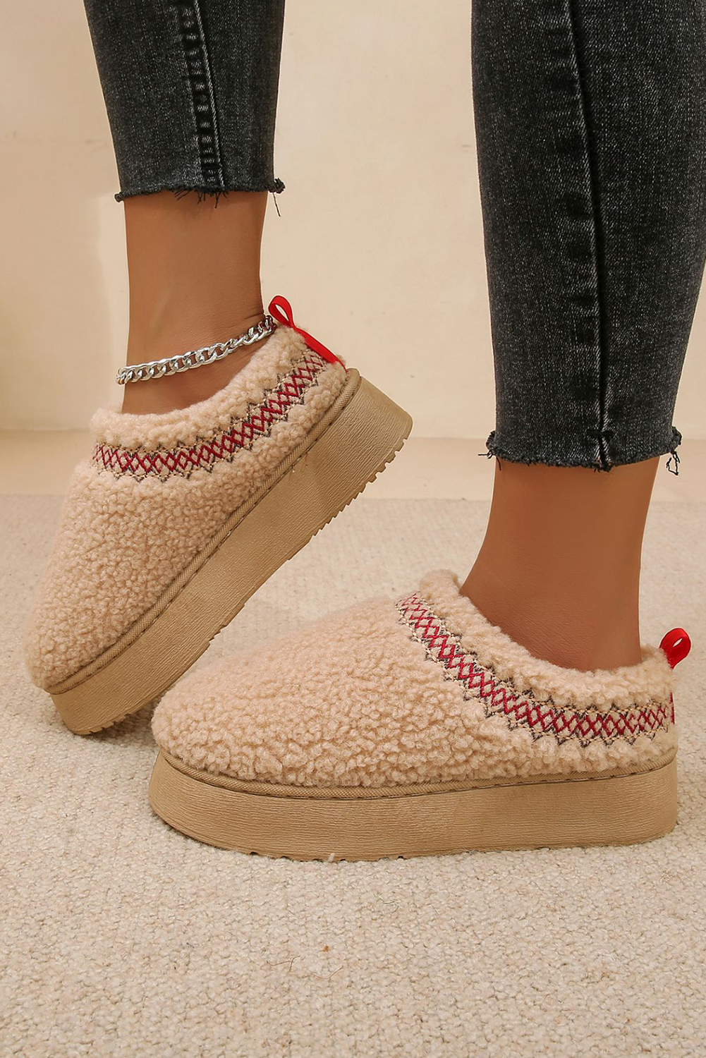 Oatmeal Embroidered Sherpa Plush Thick Sole Snow Boots - loveforevers