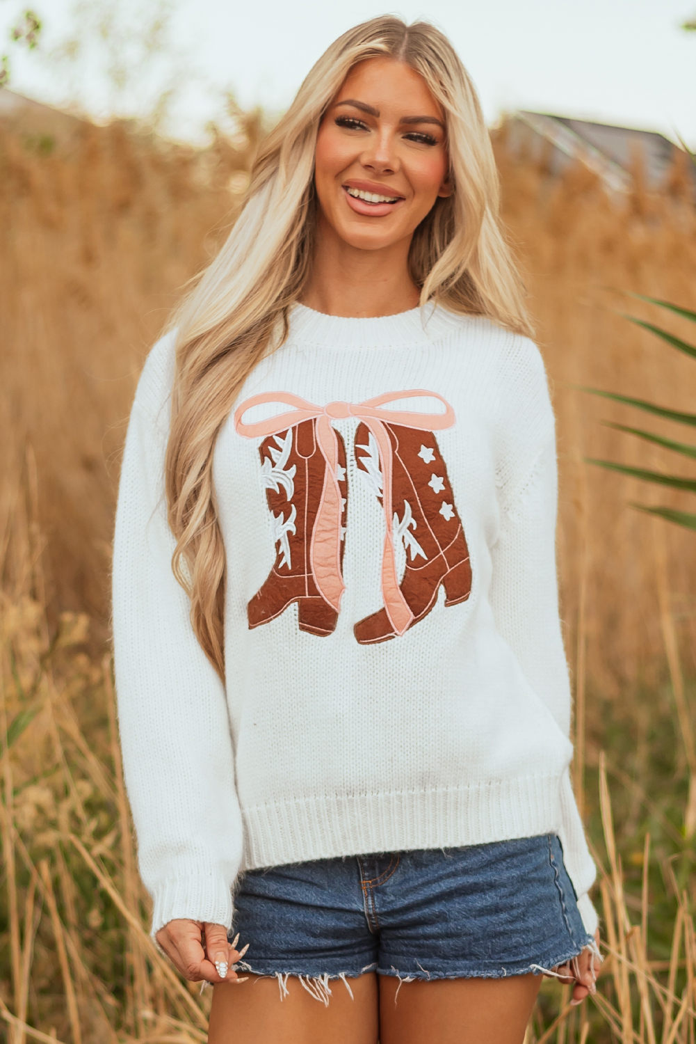White Embroidered Bow Boots Graphic Drop Shoulder Sweater - loveforevers