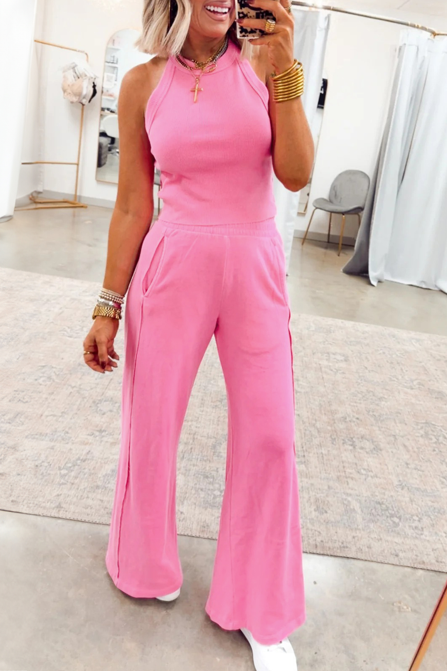 Sachet Pink Slim Ribbed Tank Top and Sweatpants Set - loveforevers