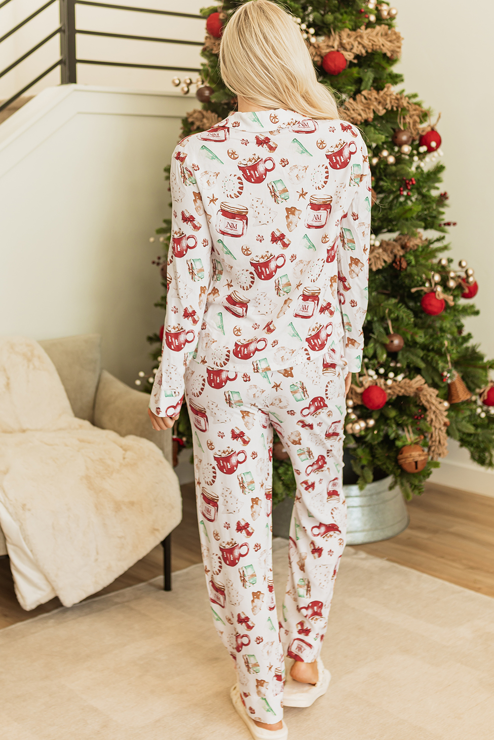 White Christmas Pattern Long Sleeve Shirt and Pants Pajama Set - loveforevers