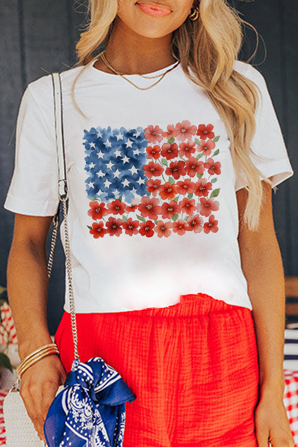 White Star Floral American Flag Printed T Shirt - loveforevers