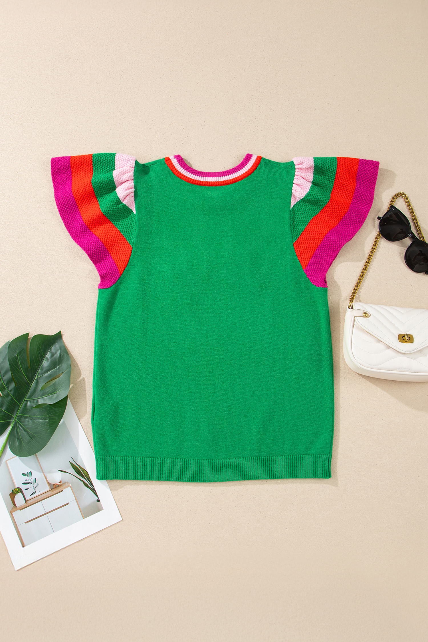 Bright Green Shiny Lucky Striped Flutter Sleeve Round Neck Sweater - loveforevers