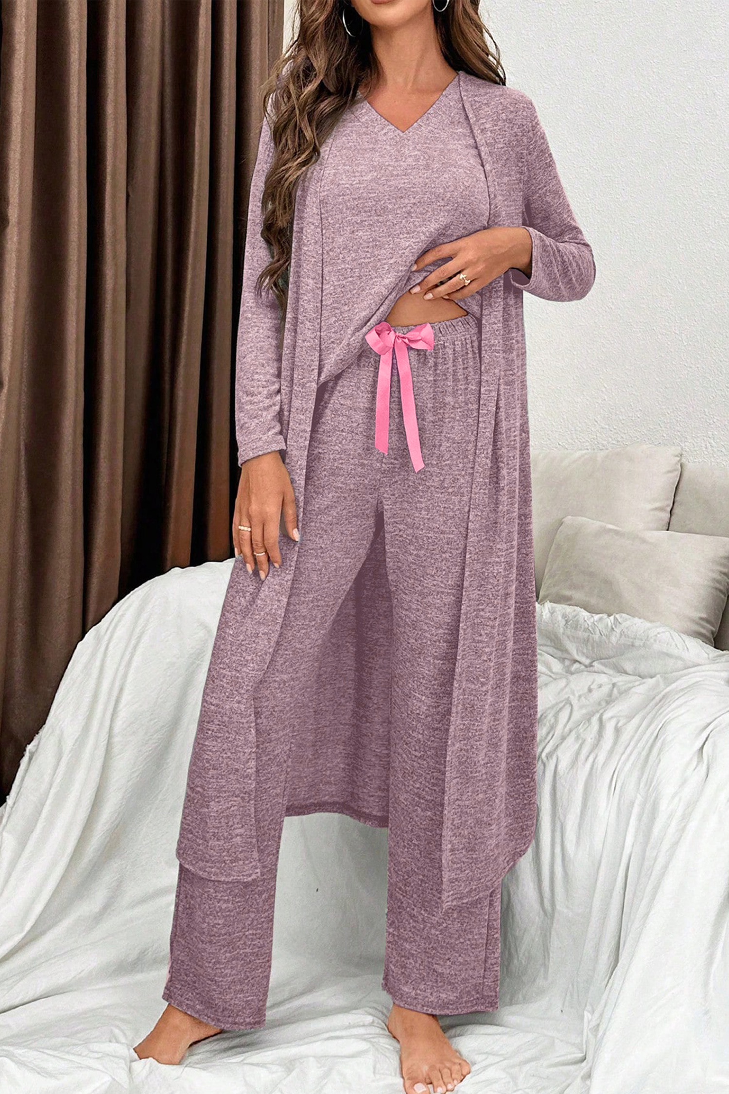 Delicacy 3pcs V Neck T Shirt Ribbon Knot Pants Open Duster 3pcs Lounge Set - loveforevers