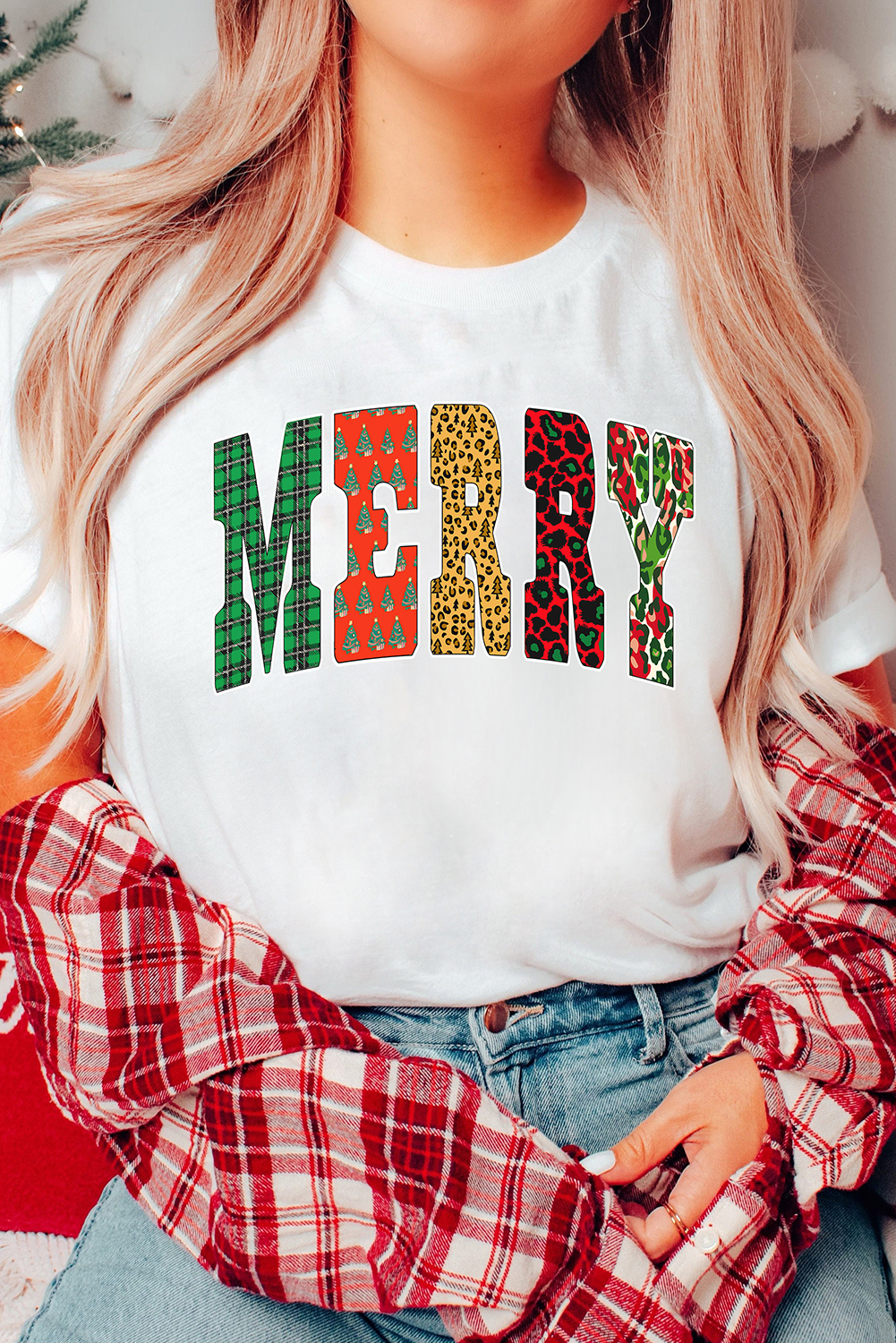 White Leopard Plaid Multi-pattern MERRY Letter Graphic Tee - loveforevers