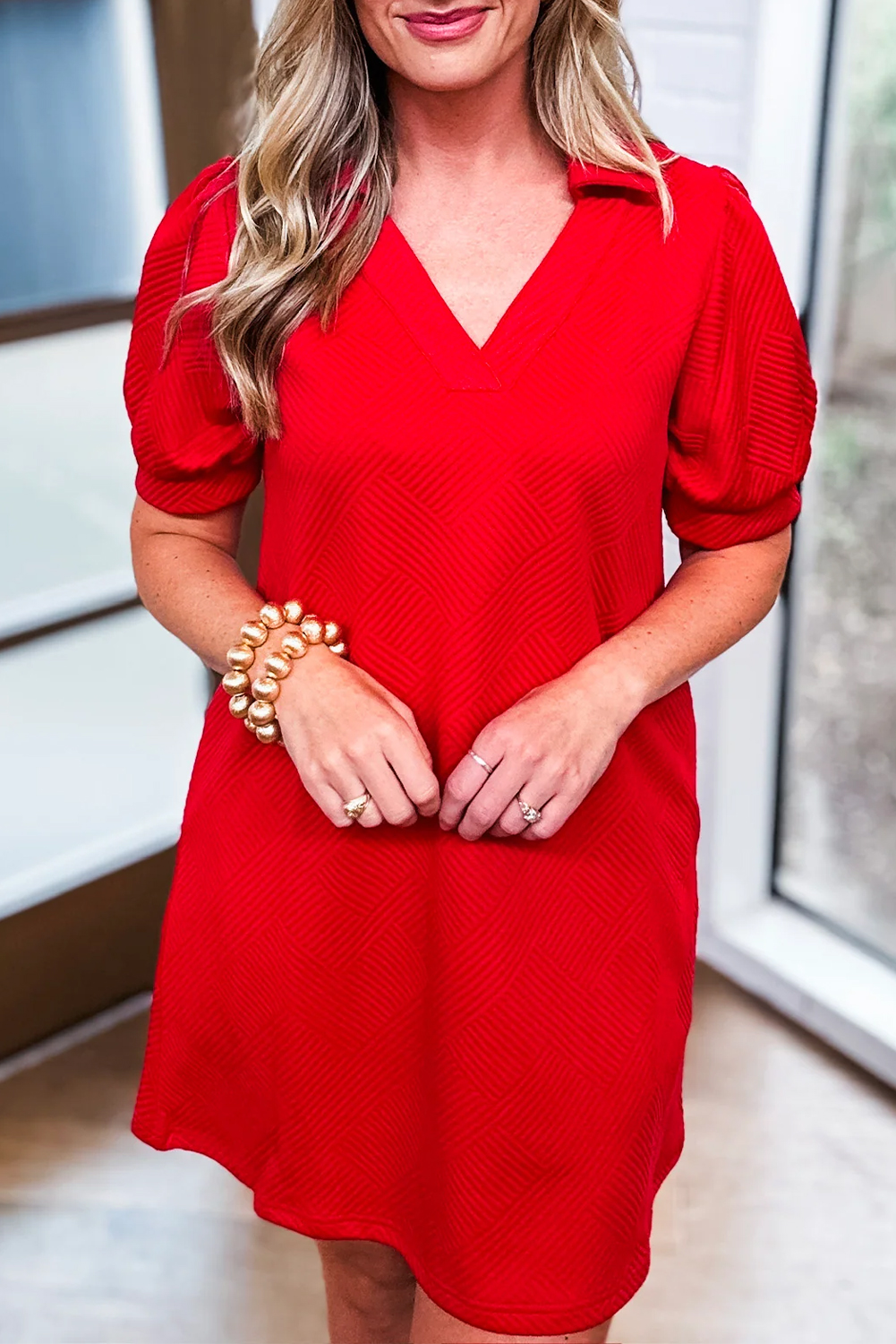 Fiery Red Textured Collared V Neck Puff Short Sleeve Shift Mini Dress - loveforevers