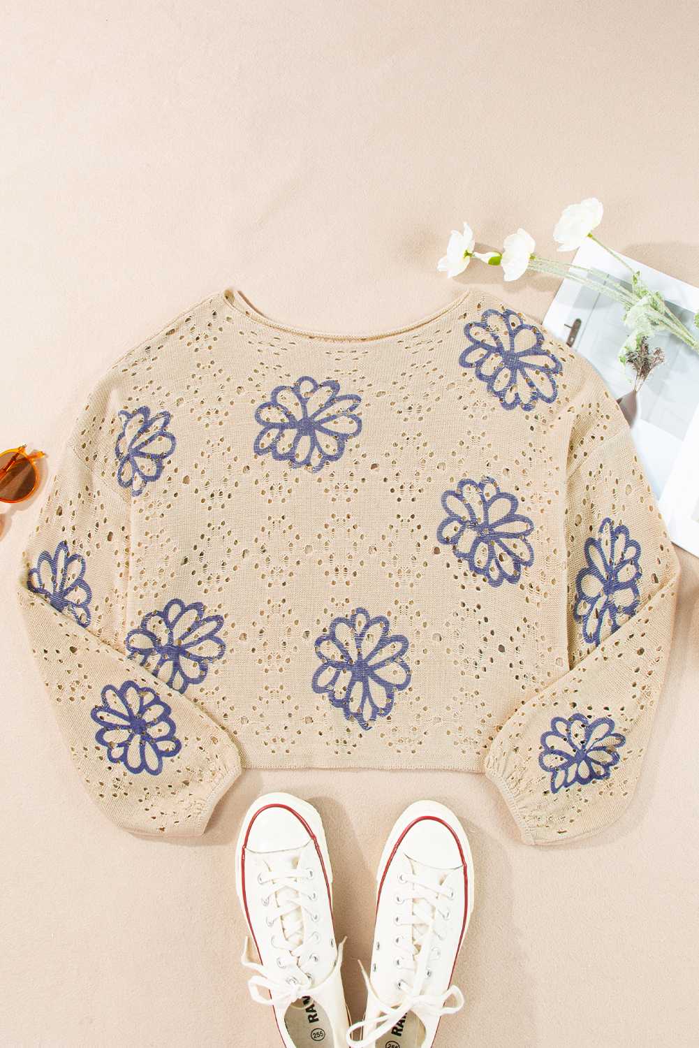 Beige Contrast Flower Print Eyelet Drop Shoulder Sweater - loveforevers