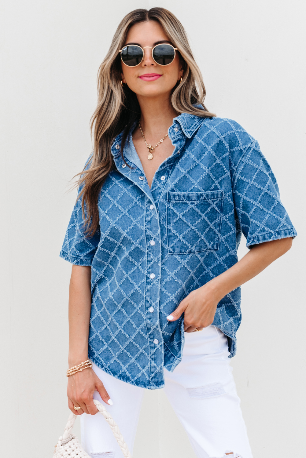 Dusk Blue Checkered Textured Short Sleeve Patched Pocket Denim Shirt - loveforevers